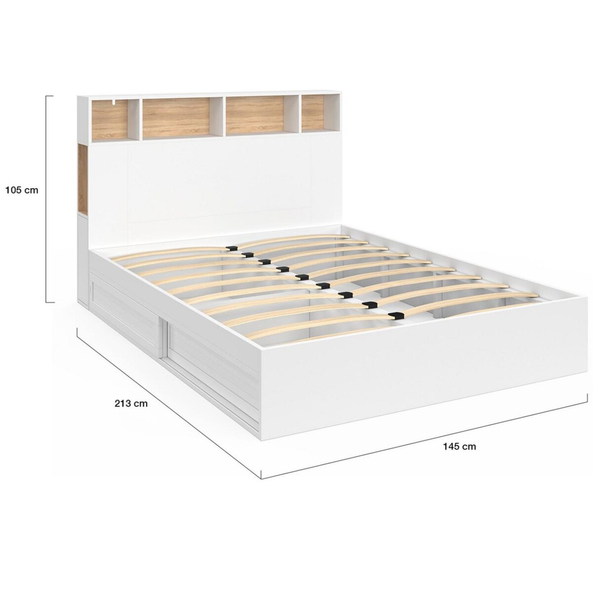ID MARKET Lit double CLEM avec tête de lit, rangements et sommier 140 x 190 cm blanc