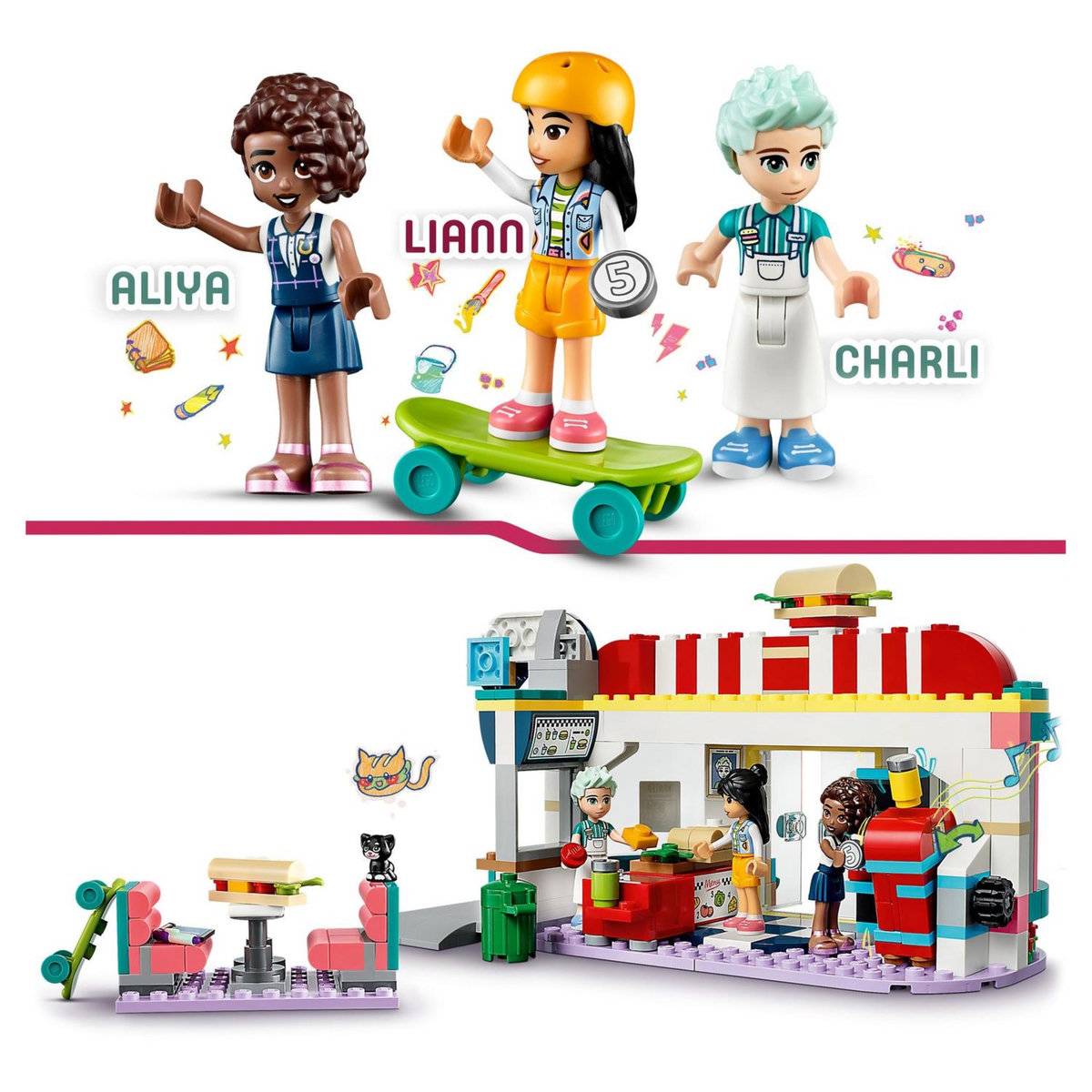 LEGO Friends 41728 Le snack du centre ville, Jouet Enfants 6 Ans, Mini-Poupées Liane, Aliya