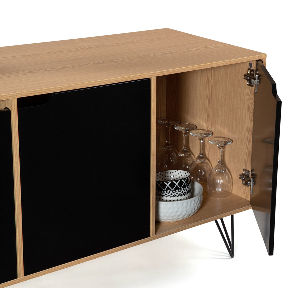 ID MARKET Buffet bas vintage 113 cm NOEMI 3 portes bois pied épingle