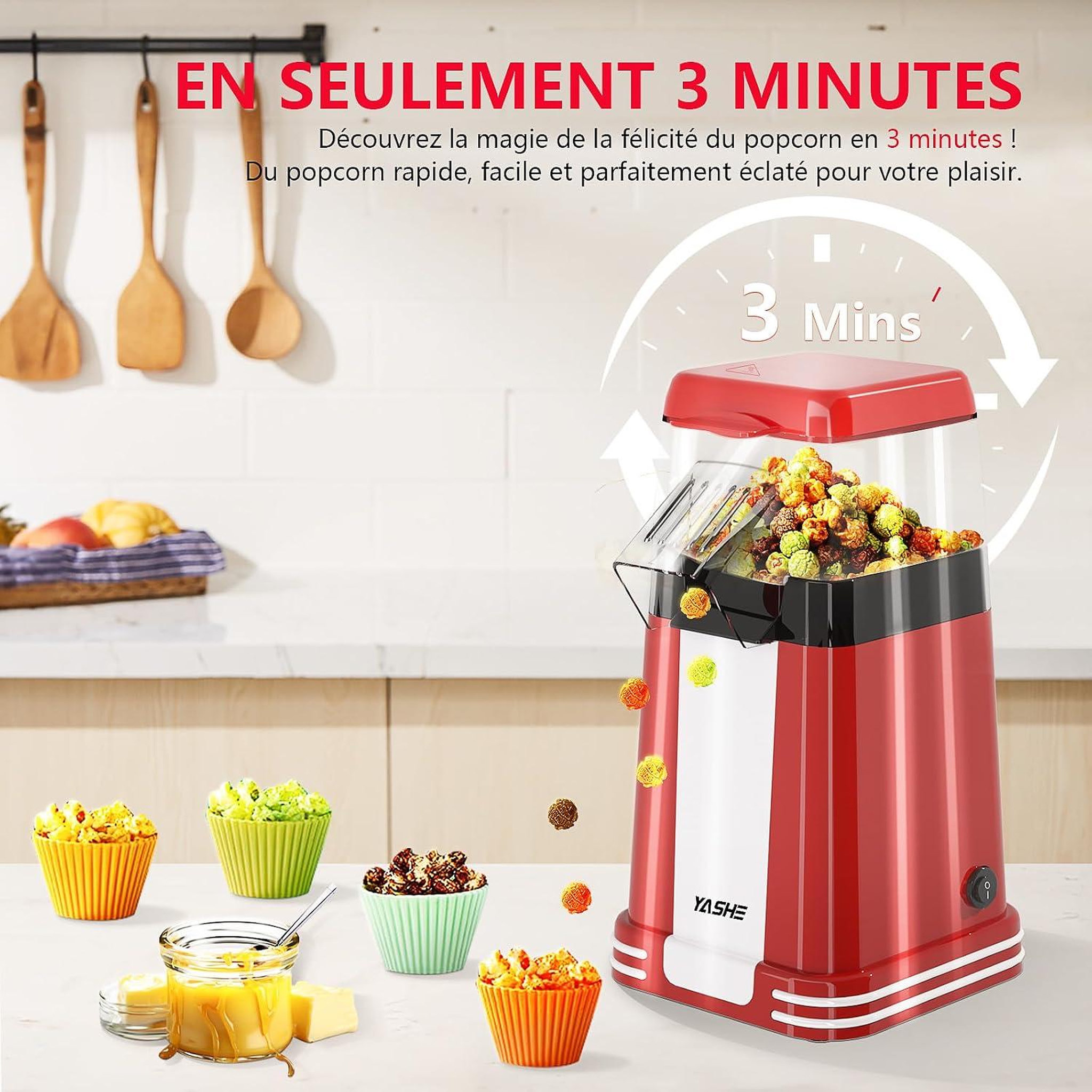Voir la diapositive 3 : YASHE Machine à pop-corn 1200 W, air chaud, rouge