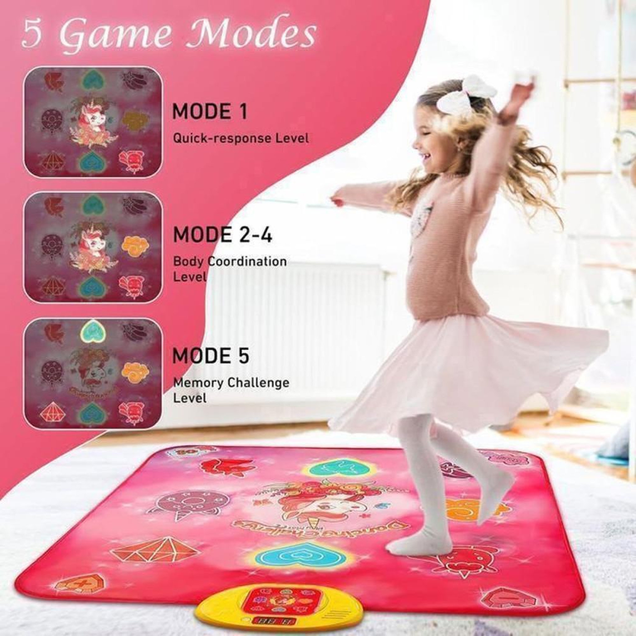 Voir la diapositive 4 : VARO Tapis de danse musical LED pour enfants 3+ VATOS rose, 5 jeux, 3 niveaux, volume réglable, contrôleur jaune, 8 zones
