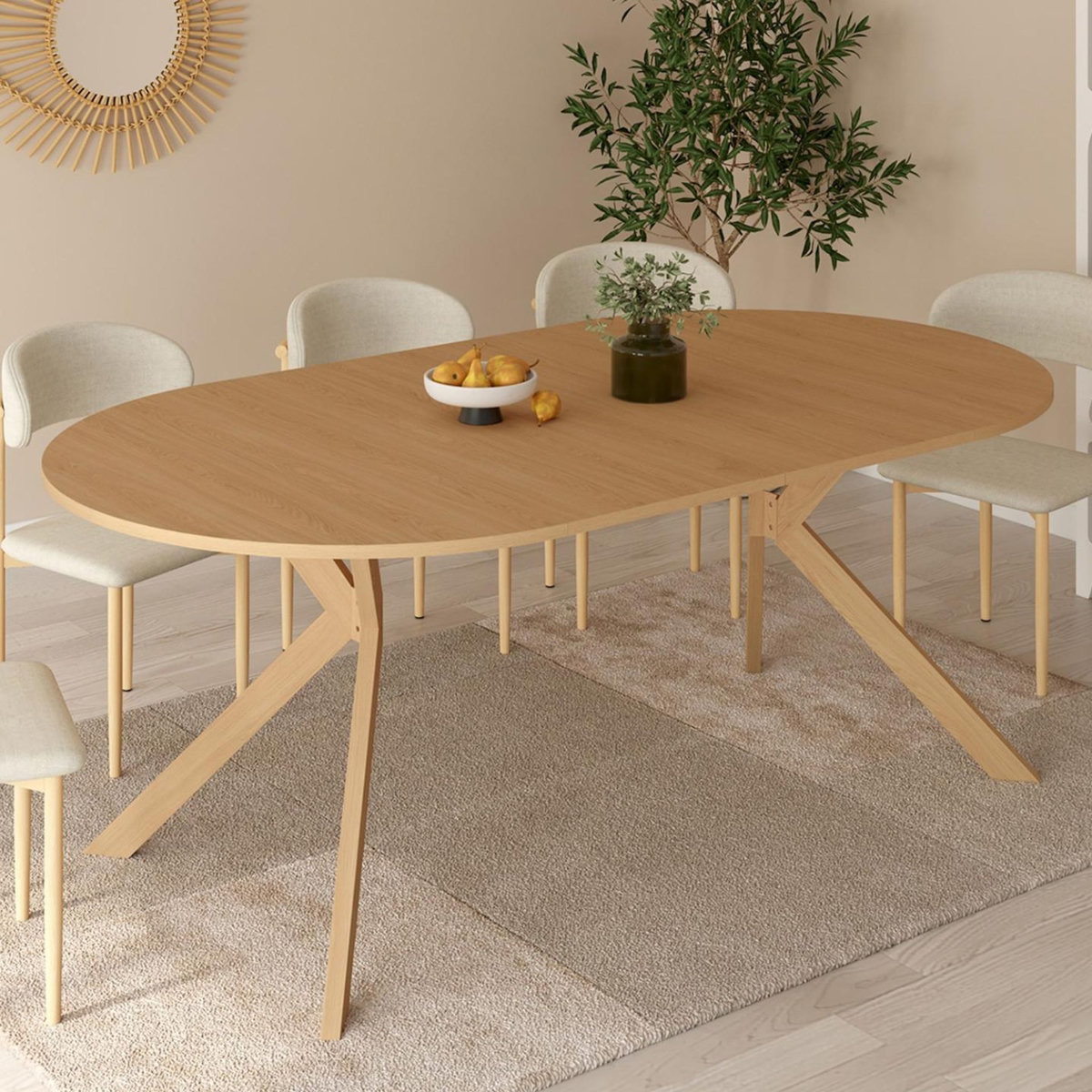 ID MARKET Table à manger extensible ronde ALIX 4-10 personnes pied araignée bois effet hêtre 110-200 cm