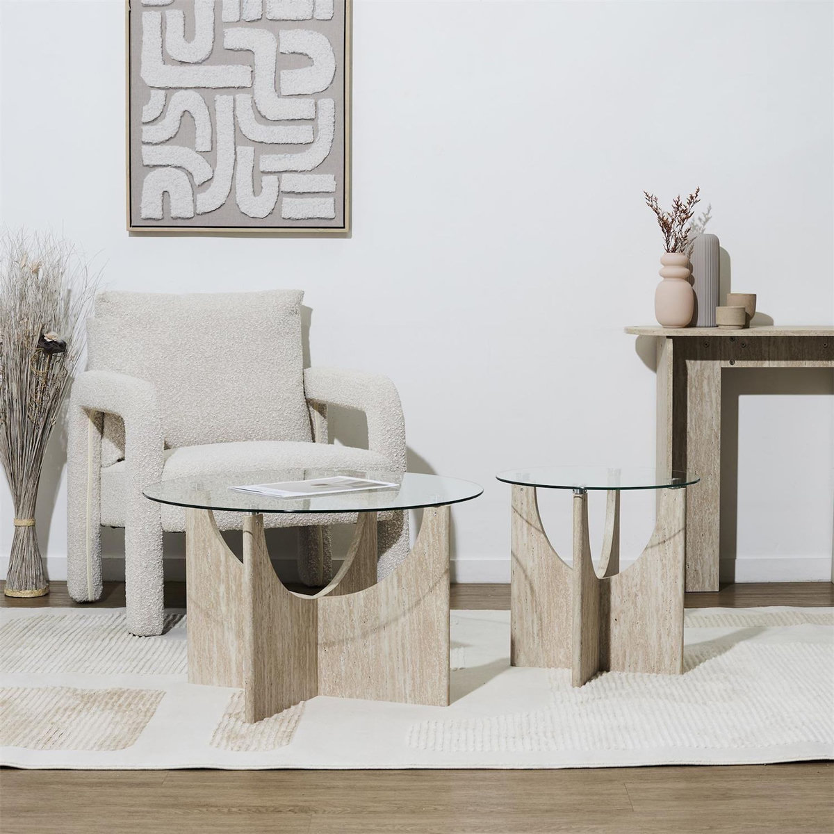 The Home Deco Factory Table d'appoint ronde effet travertin et verre PIETRA - Beige