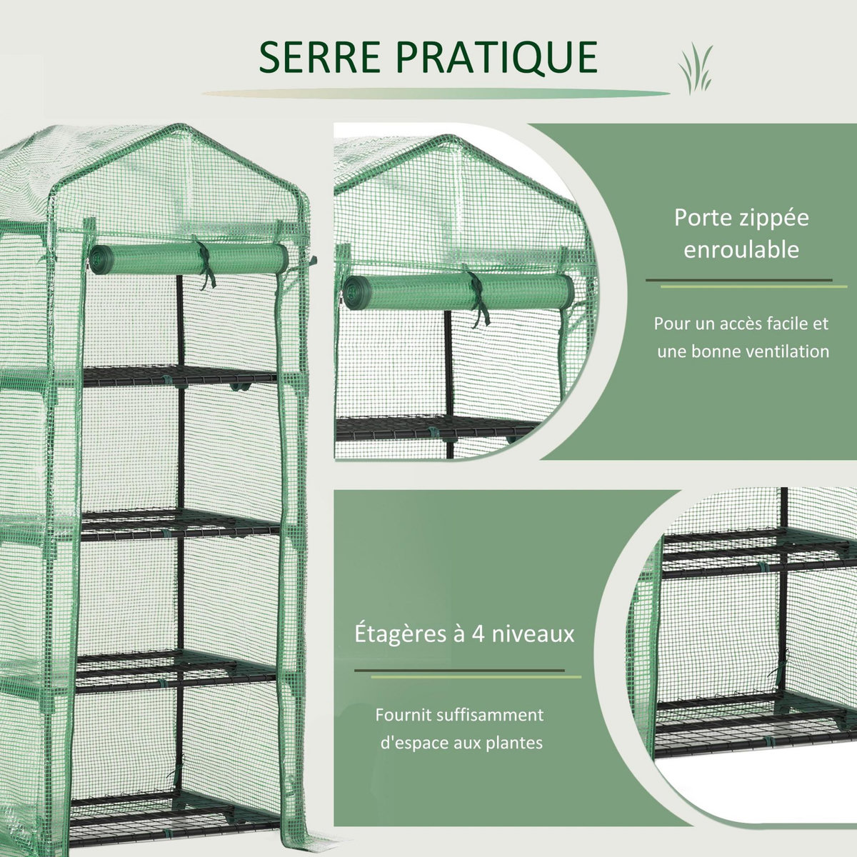 OUTSUNNY Serre de jardin balcon étagère serre 4 niveaux 0,7L x 0,5l x 1,6H m acier galvanisé bâche amovible PE haute densité vert