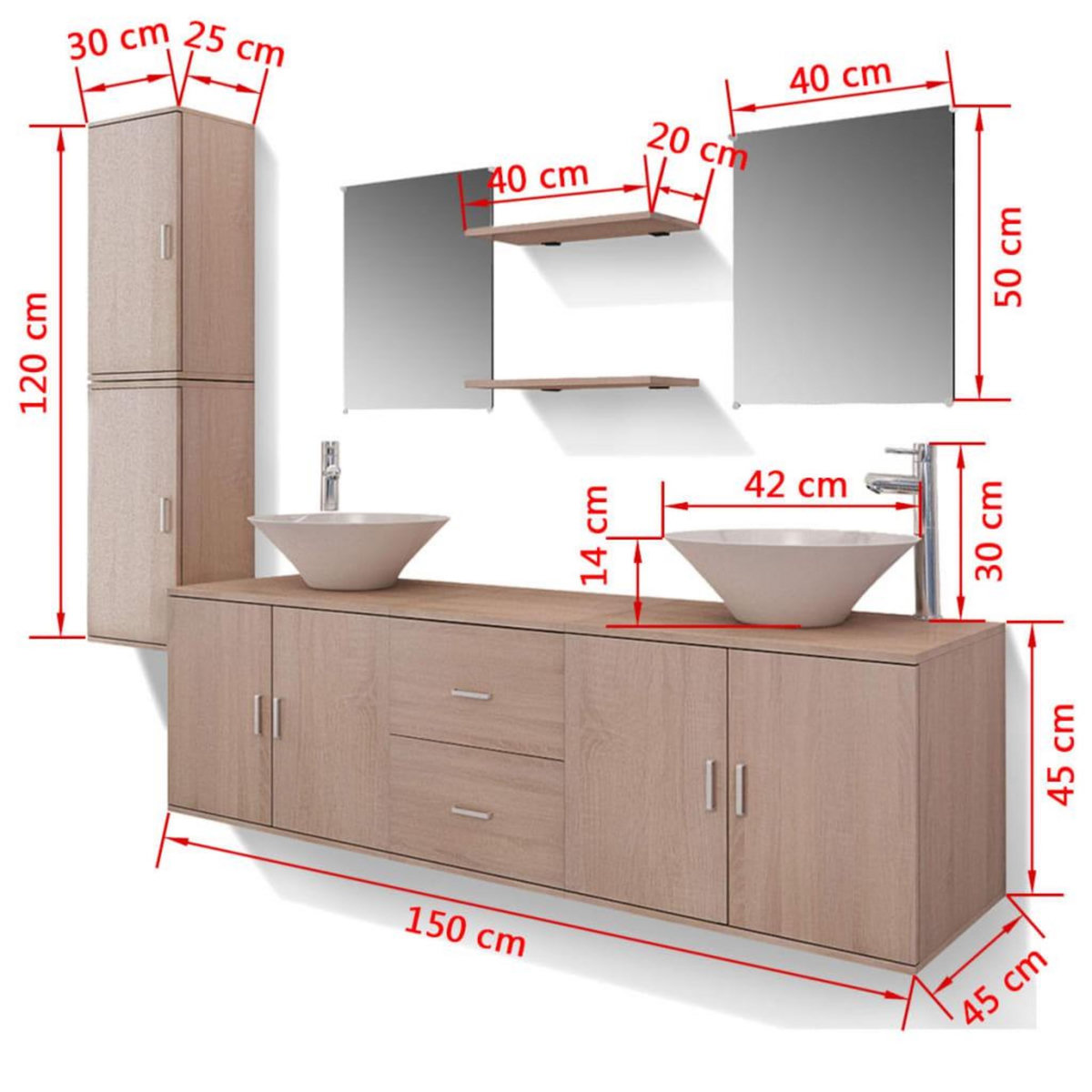 VIDAXL Meuble de salle de bain 11 pcs avec lavabo et robinet Beige