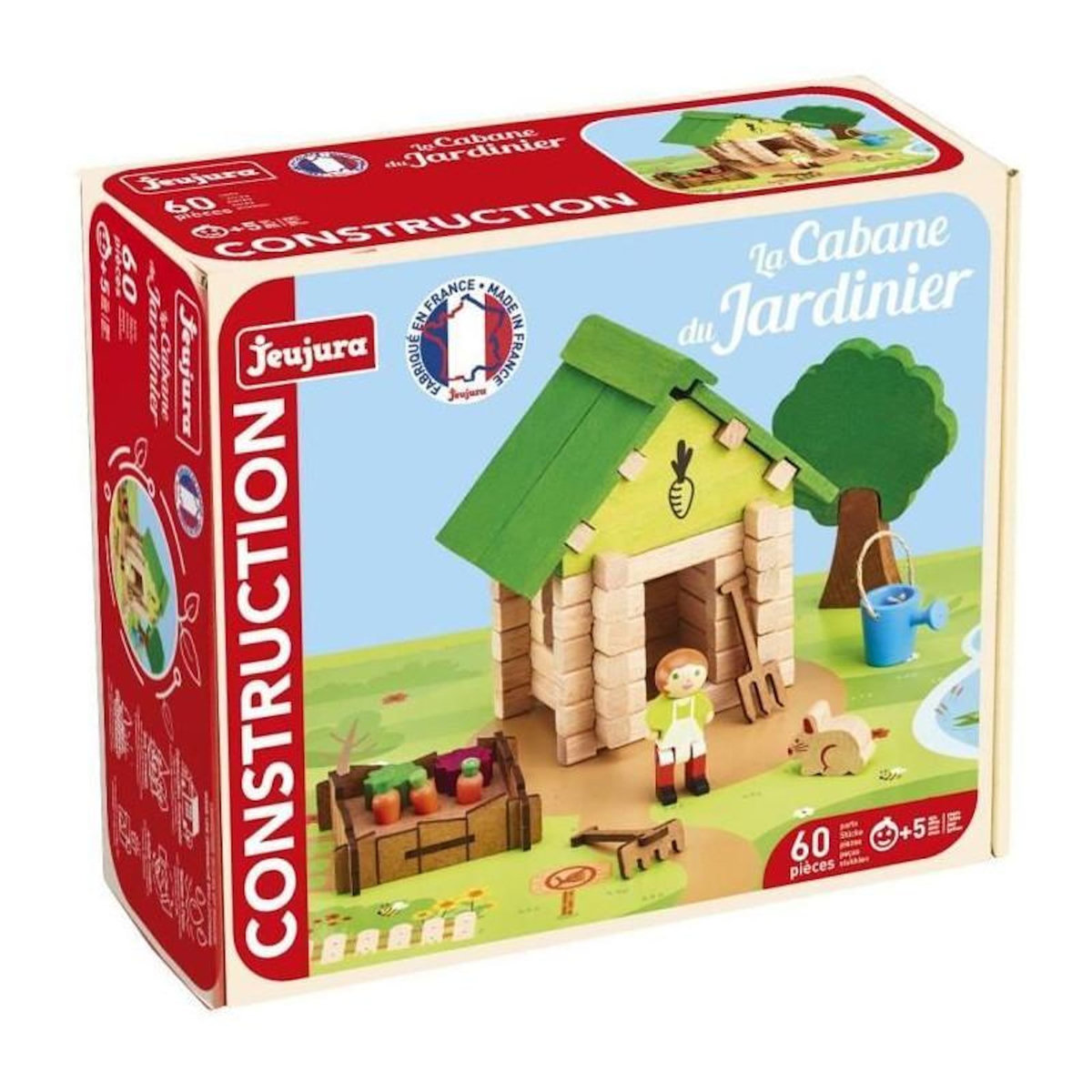 JeuJura La Cabane du Jardinier 60 Pieces - JEUJURA - Jeu de Construction en Bois Naturel, Tapis et Accessoires Inclus, 22x18,5x8,5 cm