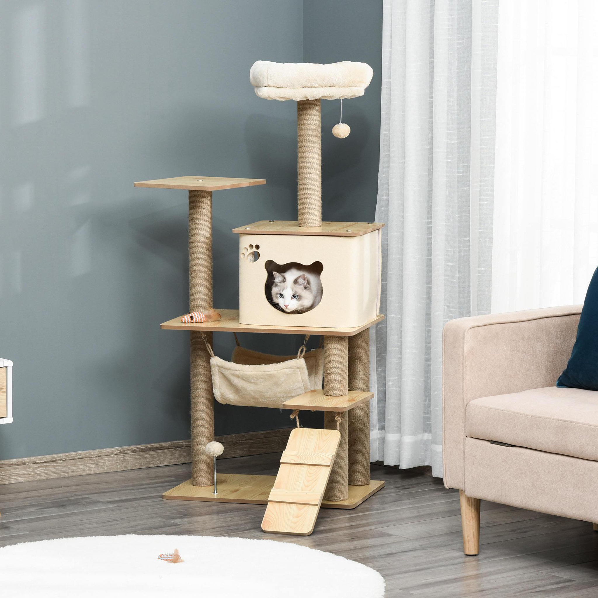 Voir la diapositive 5 : PAWHUT Arbre à chat design effet bois naturel h.130cm nombreux équipements jouets