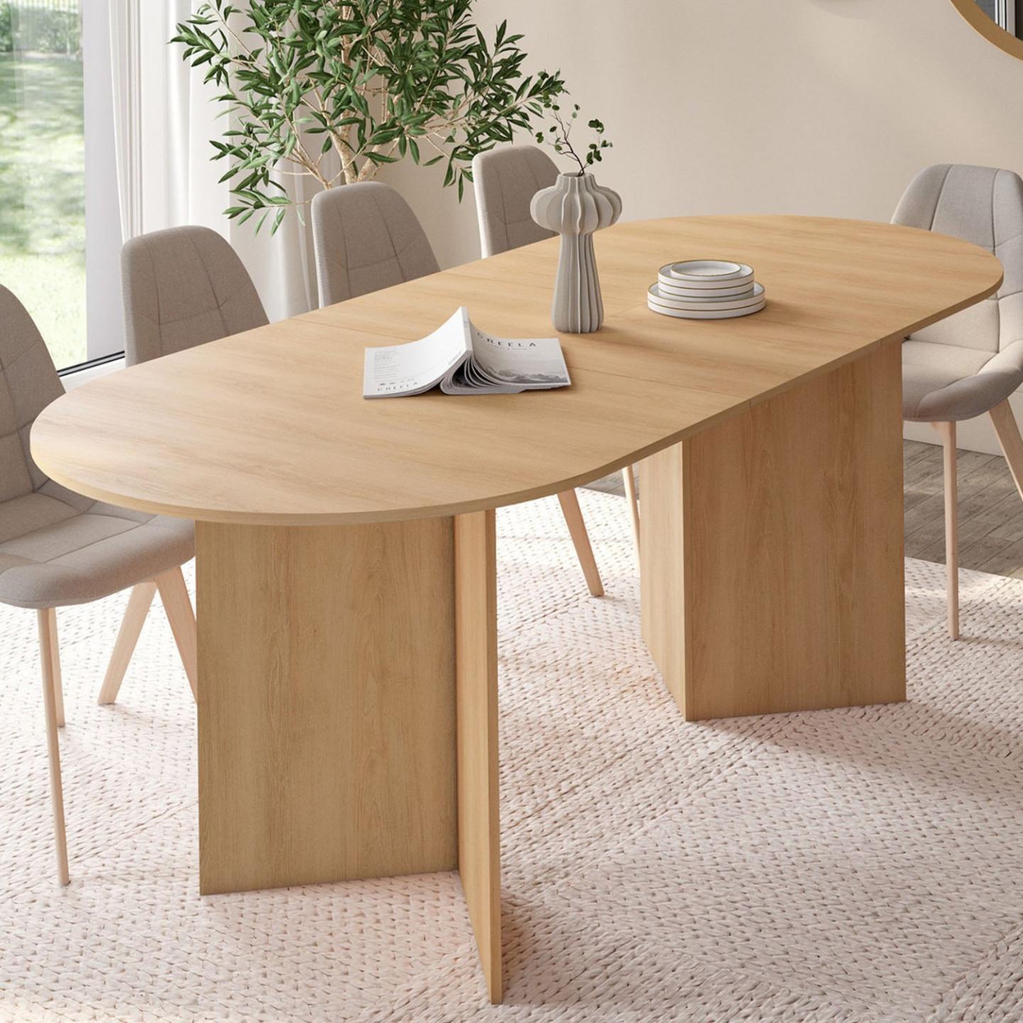 Voir la diapositive 2 : ID MARKET Table à manger extensible ovale marthe 6 -10 personnes bois façon hêtre 160-200 cm