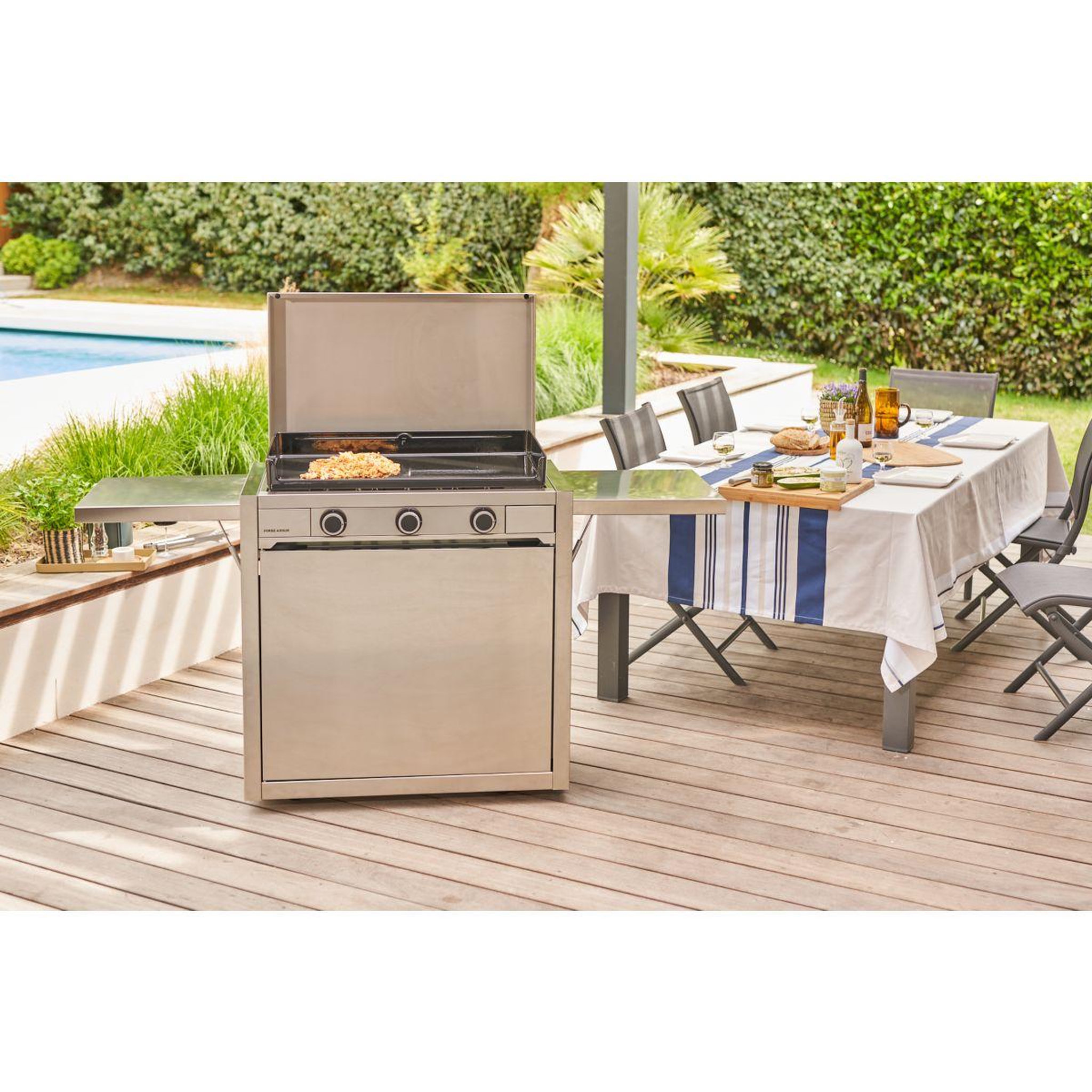 Voir la diapositive 3 : FORGE ADOUR Couvercle plancha INOX MODERN 75 CHARNIERES