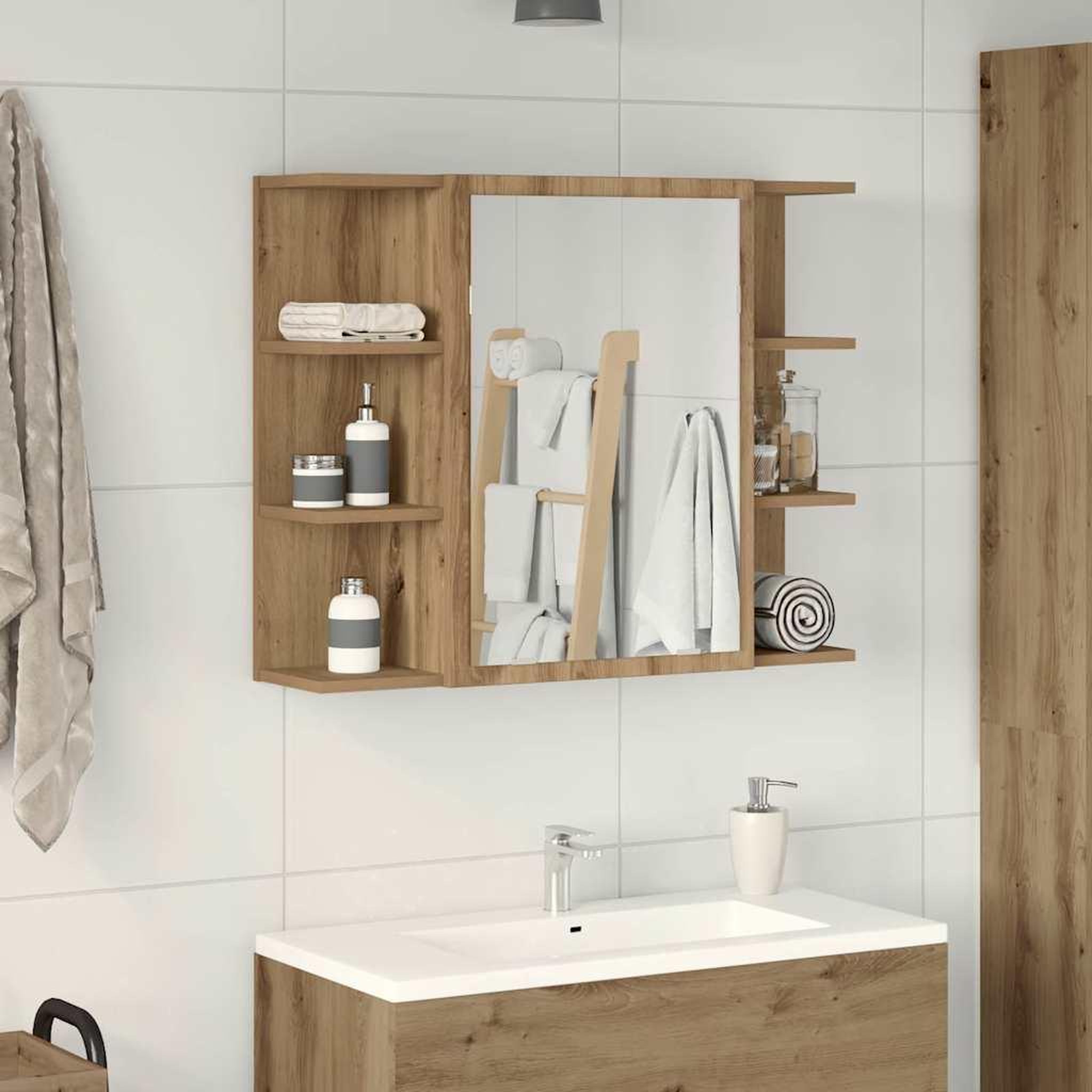Voir la diapositive 3 : VIDAXL Armoire a miroir de salle de bain chene artisanal 80x20,5x64 cm