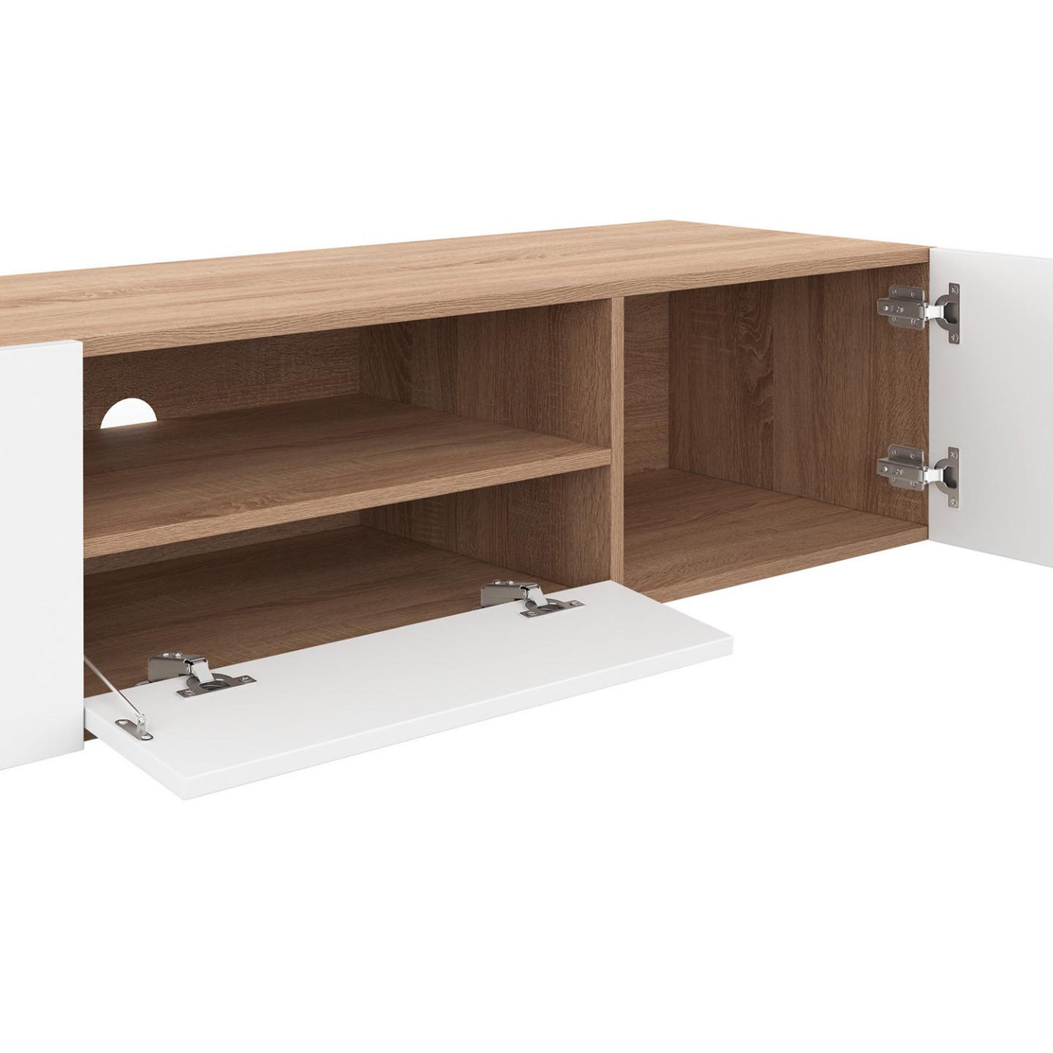 Voir la diapositive 6 : ID MARKET Meuble tv 140 cm eli bois façon hêtre portes blanches