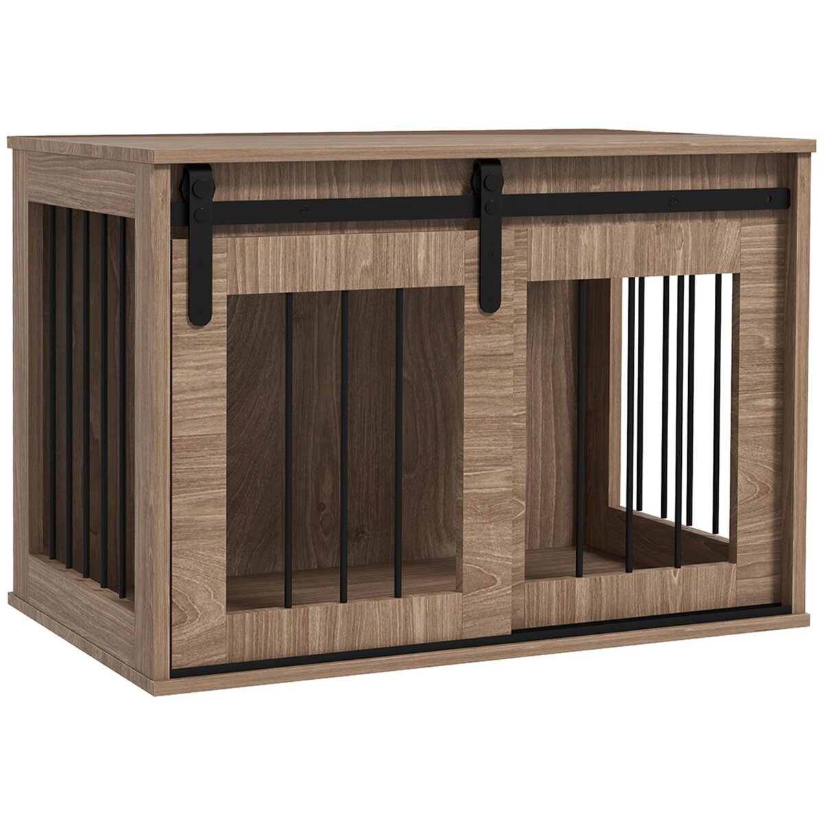 PAWHUT Cage pour chien animaux style indisutriel - porte coulissante verrouillable - acier noir panneaux aspect bois