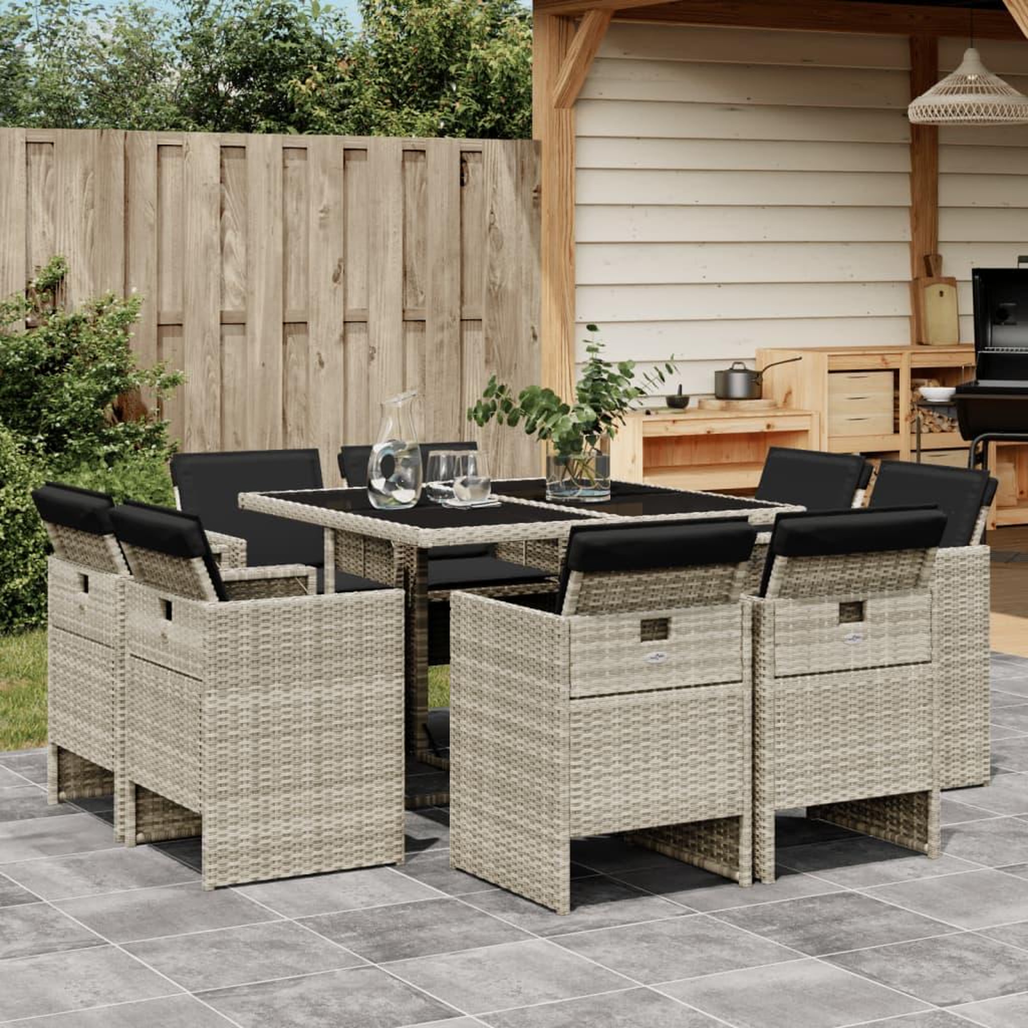 VIDAXL Ensemble a manger de jardin et coussins 9 pcs gris clair rotin