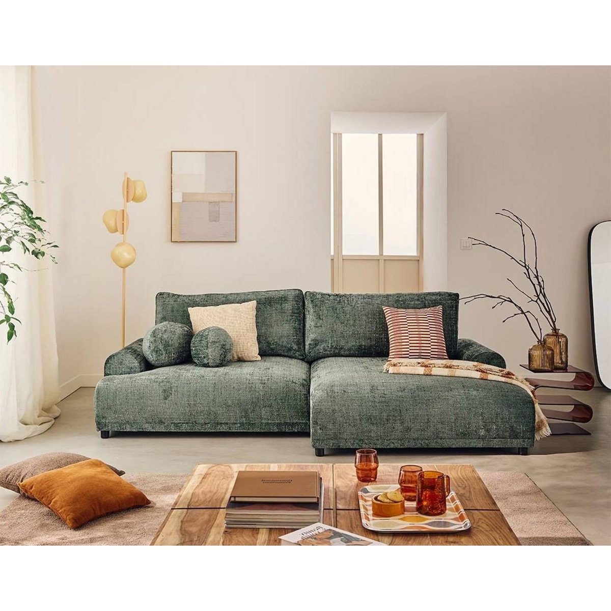 LISA DESIGN Nelly - canapé d'angle droit 4 places convertible avec coffre en velours texturé