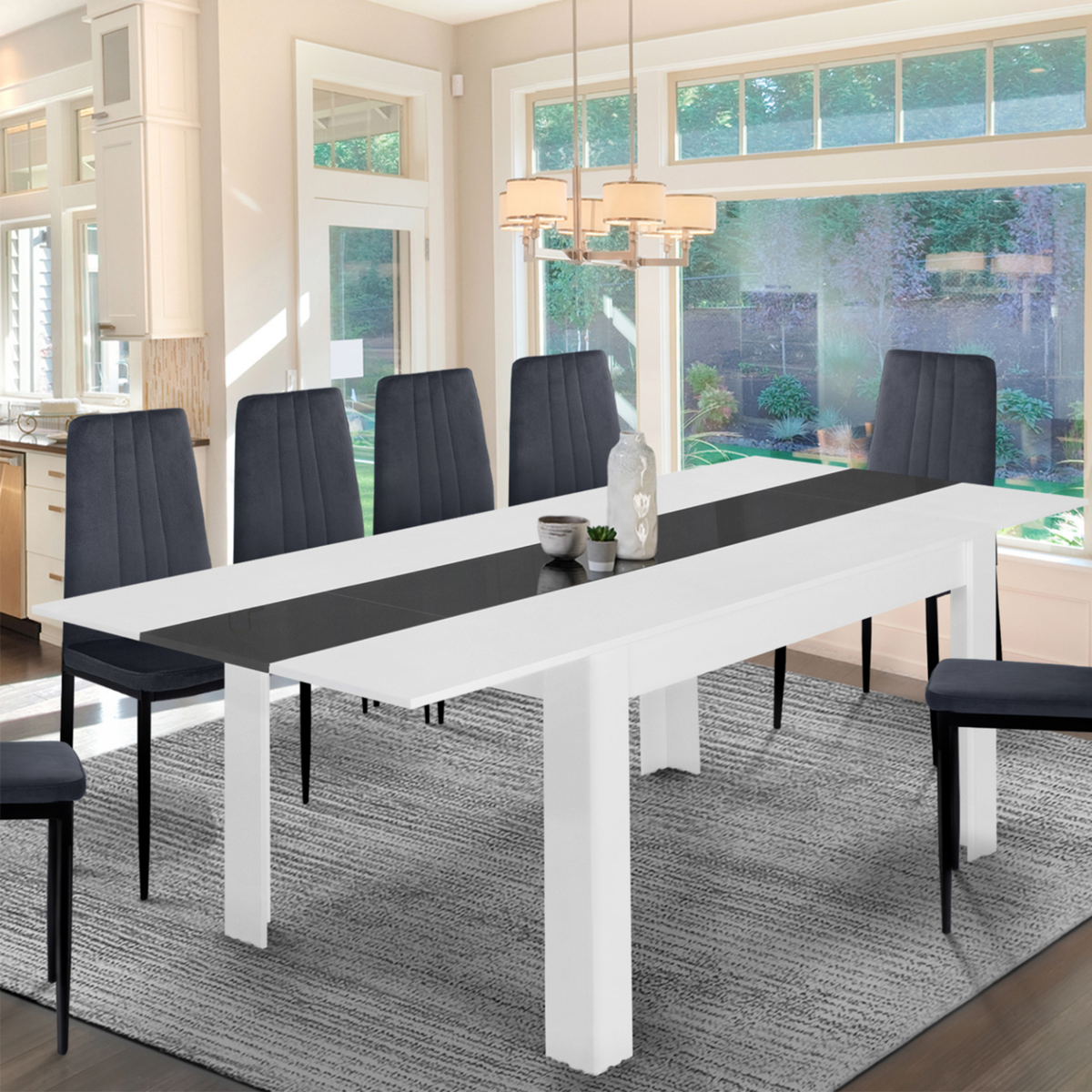 ID MARKET Table à manger extensible rectangle GEORGIA 6-10 personnes blanche et grise 140-220 x 90 cm