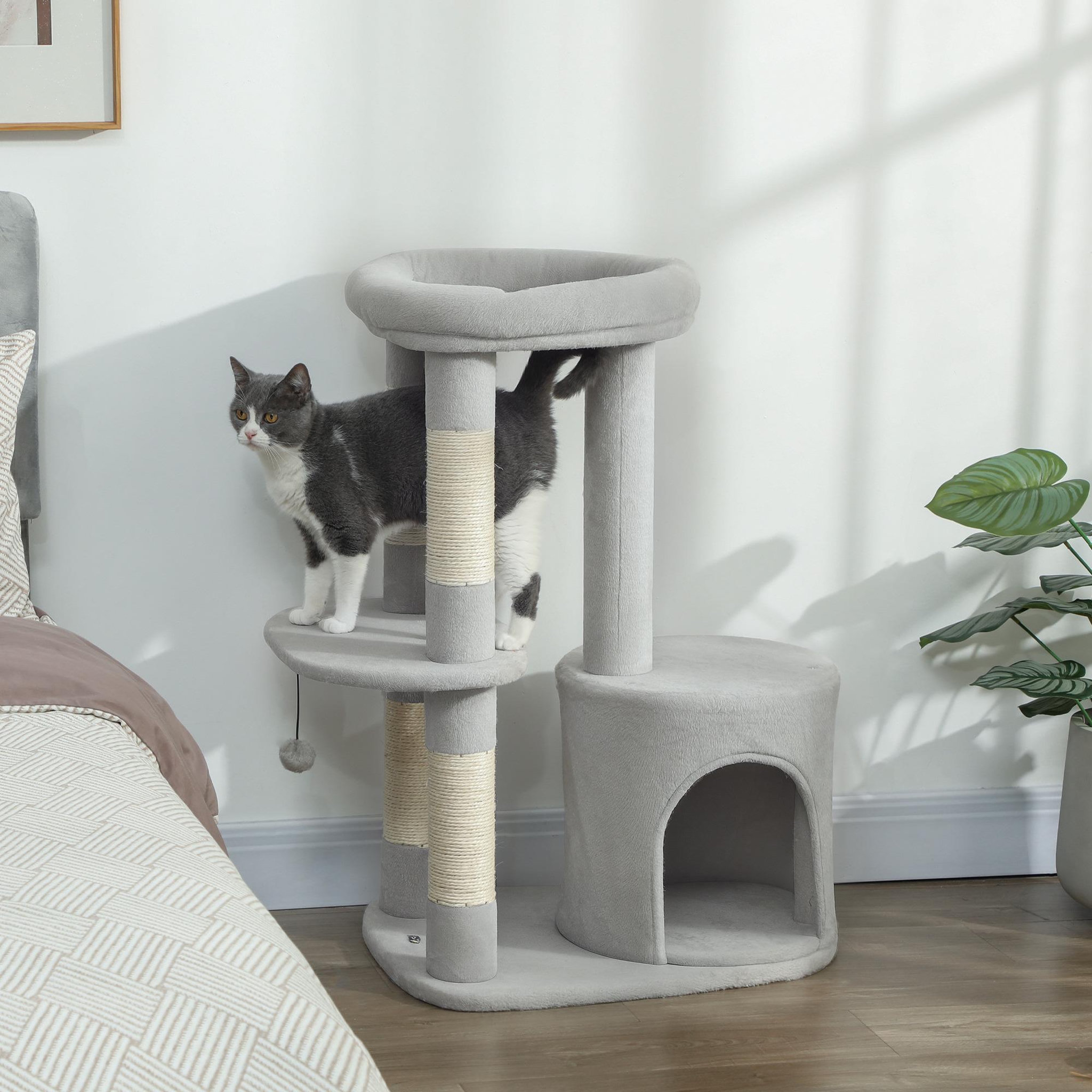 Voir la diapositive 4 : PAWHUT Arbre à chat design gris clair arrondi h.90cm niche 2 plateformes boule griffoirs