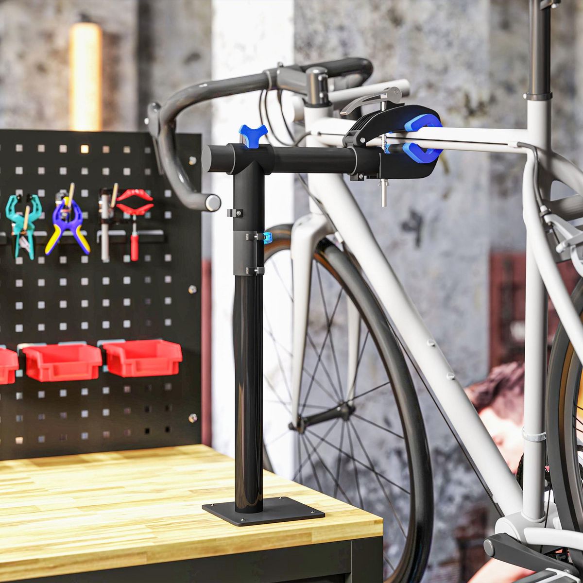 HOMCOM Support de réparation de vélo réglable - pied d'atelier vélo - pince pivotante 360° - charge max. 25 Kg - noir bleu