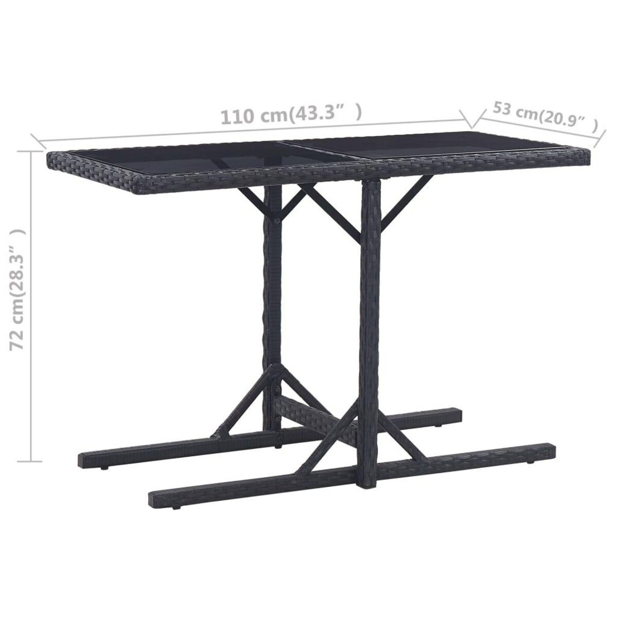 VIDAXL Table de jardin Noir 110x53x72 cm Verre et resine tressee