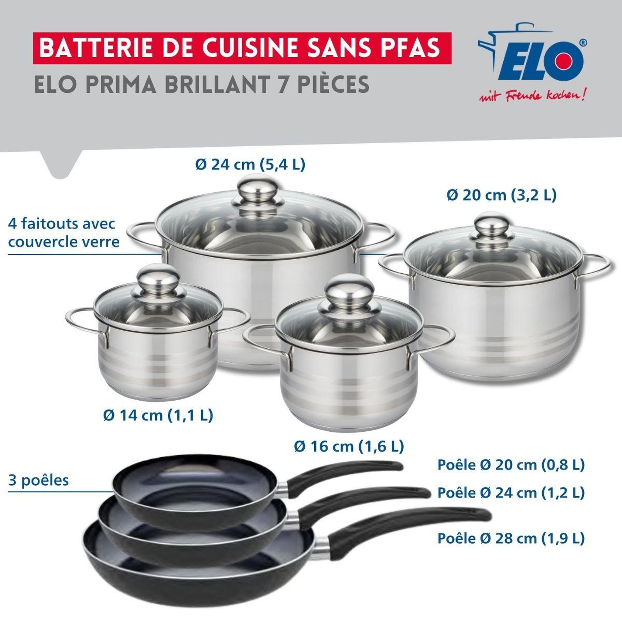Voir la diapositive 2 : ELO Ensemble de 3 poêles de cuisson 20, 24 et 28 cm et 4 faitouts 14, 16, 20 et 24 cm elo prima brillant