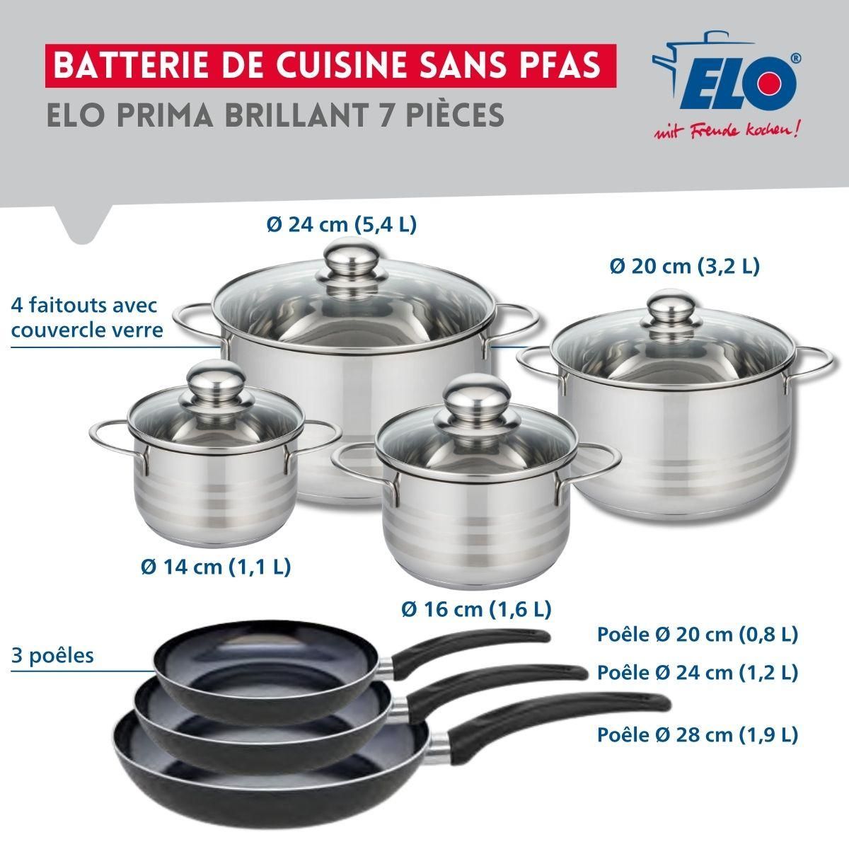 ELO Ensemble de 3 Poêles de cuisson 20, 24 et 28 cm et 4 faitouts 14, 16, 20 et 24 cm Elo Prima Brillant