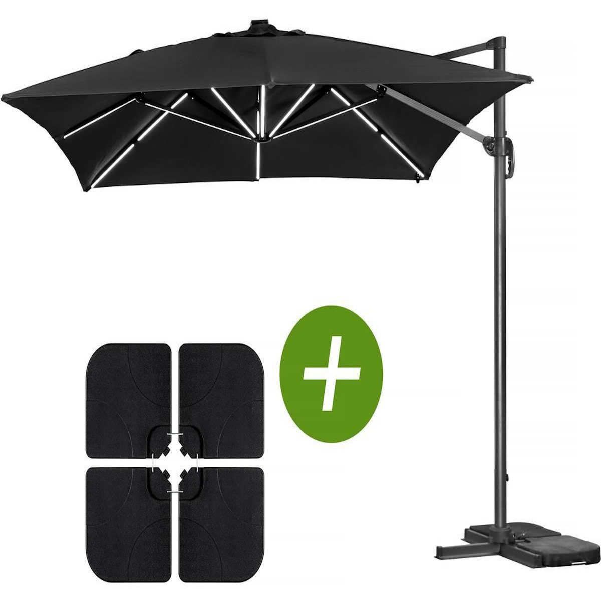 Habitat et Jardin Parasol jardin déporté LED Alu  Sun 3 Luxe  - Carré - 3 x 3 m - Coloris Noir - Dalles lestées incluses