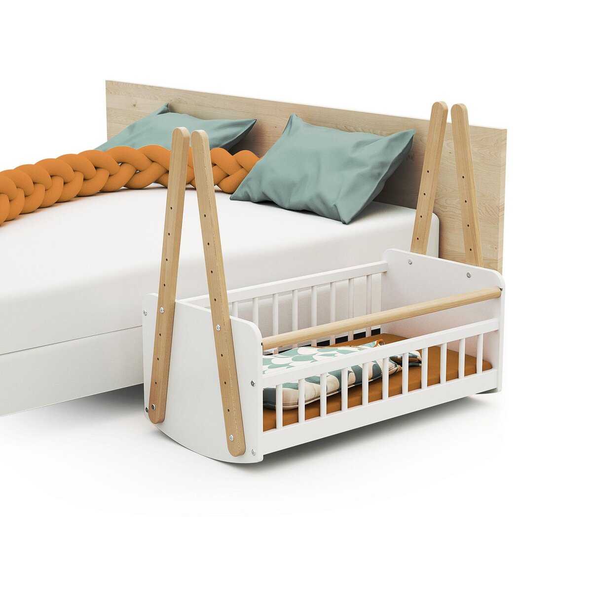 AT4 Berceau cododo en bois PIRATE Blanc et Hêtre Verni 40 x 80 cm