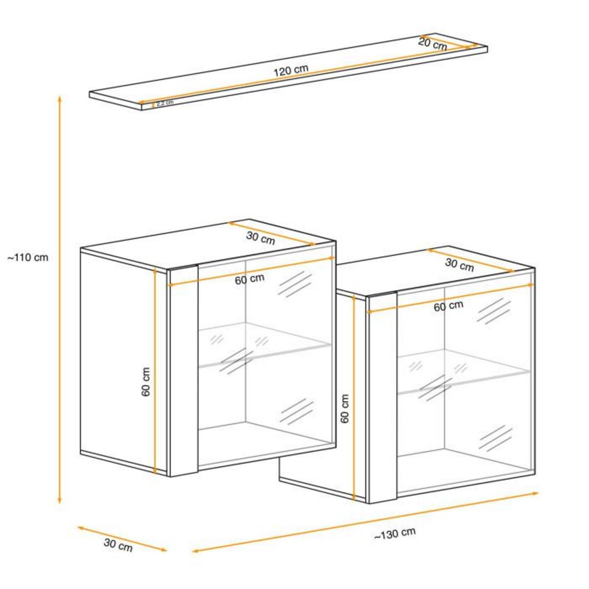 Paris Prix Lot de 2 Vitrines Murales & Étagère  Switch SBIII  130cm Noir & Gris