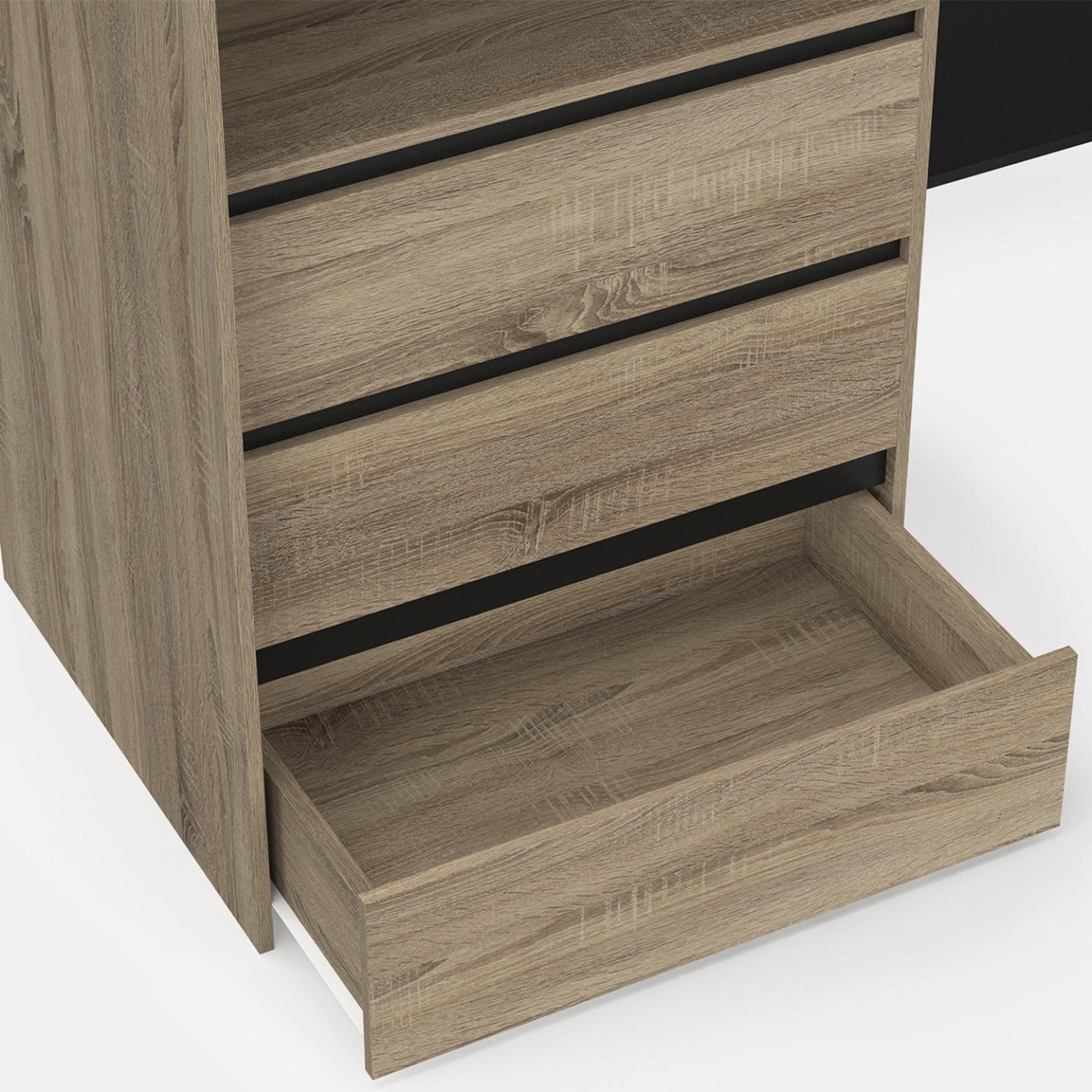 Voir la diapositive 5 : ID MARKET Dressing extensible d'angle marlon 200 x 150 x 180 cm hêtre avec penderies + tiroirs + étagères + rideaux noirs