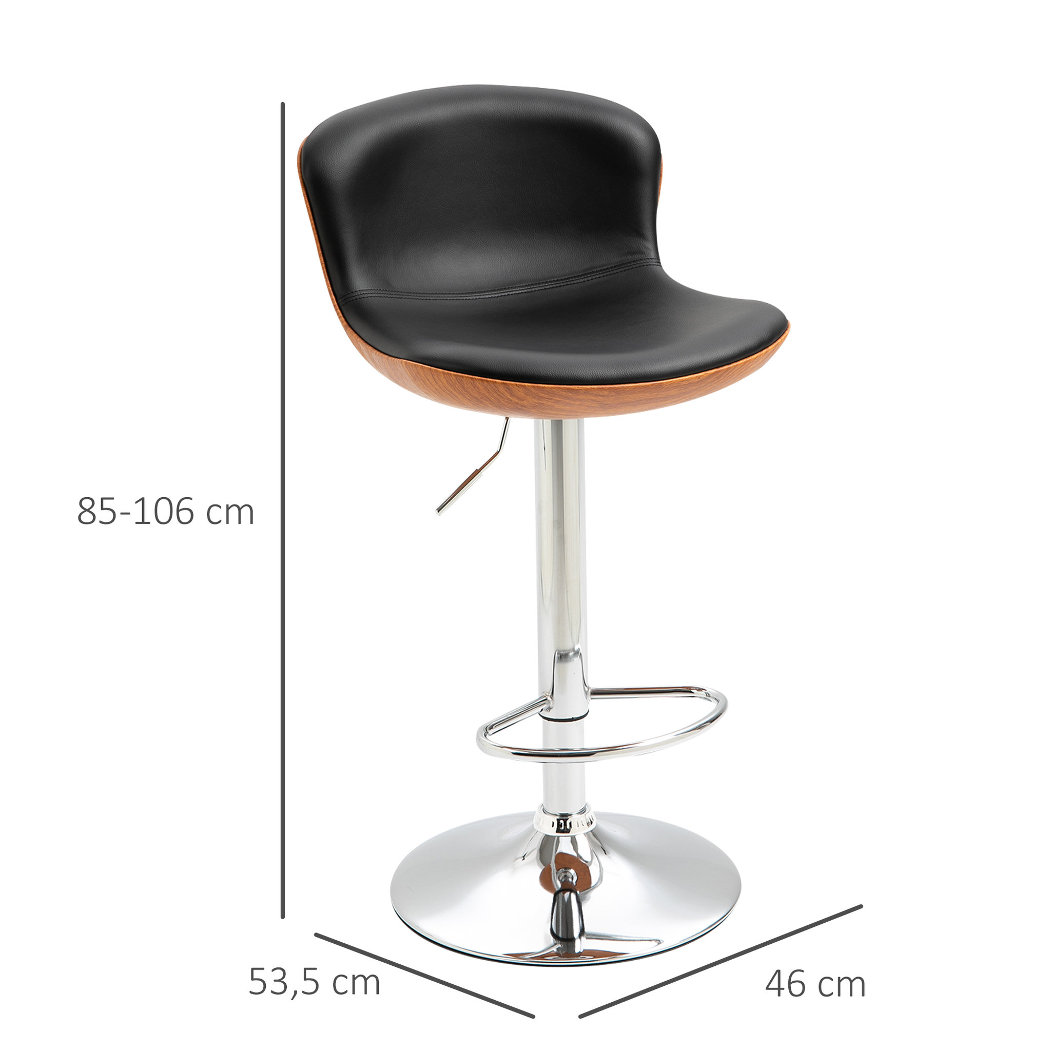 Voir la diapositive 3 : HOMCOM Lot de 2 tabourets de bar design contemporain hauteur d'assise réglable 64-85 cm pivotant 360° revêtement synthétique noir imitation bois