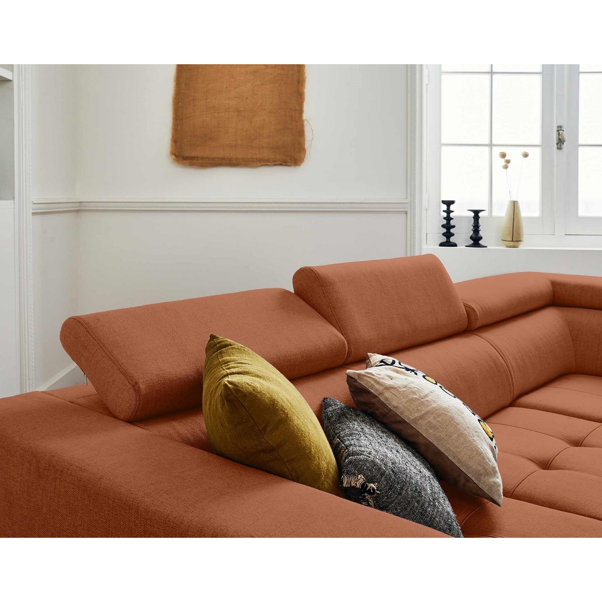 LISA DESIGN Olinda - canapé d'angle droit - 5 places - convertible avec coffre et têtières réglables - en tissu