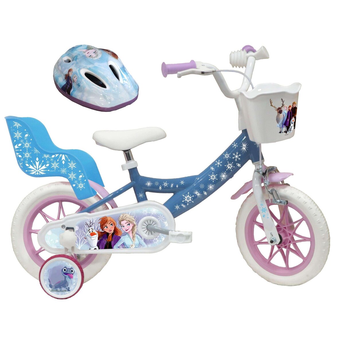 Disney La Reine des Neiges Vélo enfant 12'' - Modèle Reine des neiges + Casque - Idéal pour enfant de 85 à 100 cm - Livré avec stabilisateurs - 1 Frein - Panier avant - Porte poupée arrière et roues à bâtons