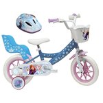 Disney La Reine des Neiges Vélo enfant 12'' - Modèle Reine des neiges + Casque - Idéal pour enfant de 85 à 100 cm - Livré avec stabilisateurs - 1 Frein - Panier avant - Porte poupée arrière et roues à bâtons