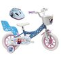 Voir la diapositive 1 : Disney La Reine des Neiges Vélo enfant 12'' - Modèle Reine des neiges + Casque - Idéal pour enfant de 85 à 100 cm - Livré avec stabilisateurs - 1 Frein - Panier avant - Porte poupée arrière et roues à bâtons
