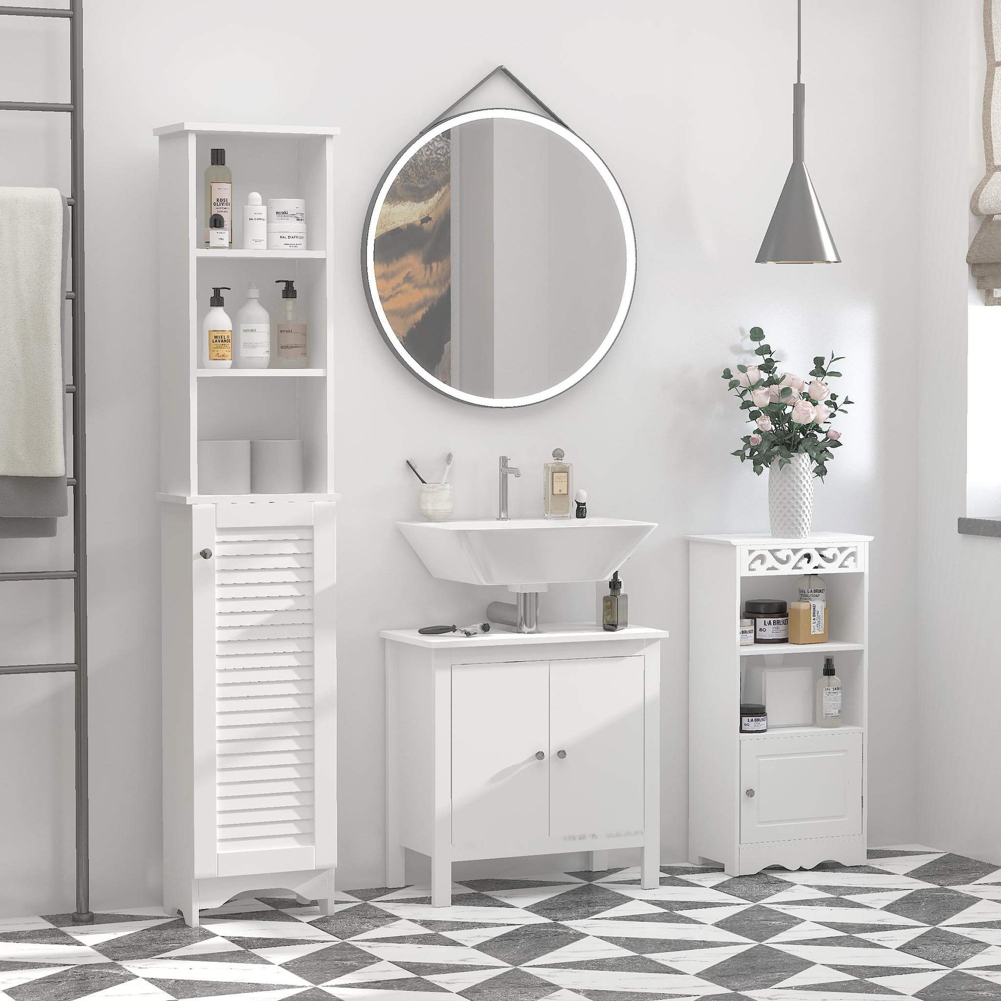Voir la diapositive 4 : HOMCOM Meuble colonne salle de bain 3 niches placard porte persienne 3 étagères MDF panneaux de particules blanc