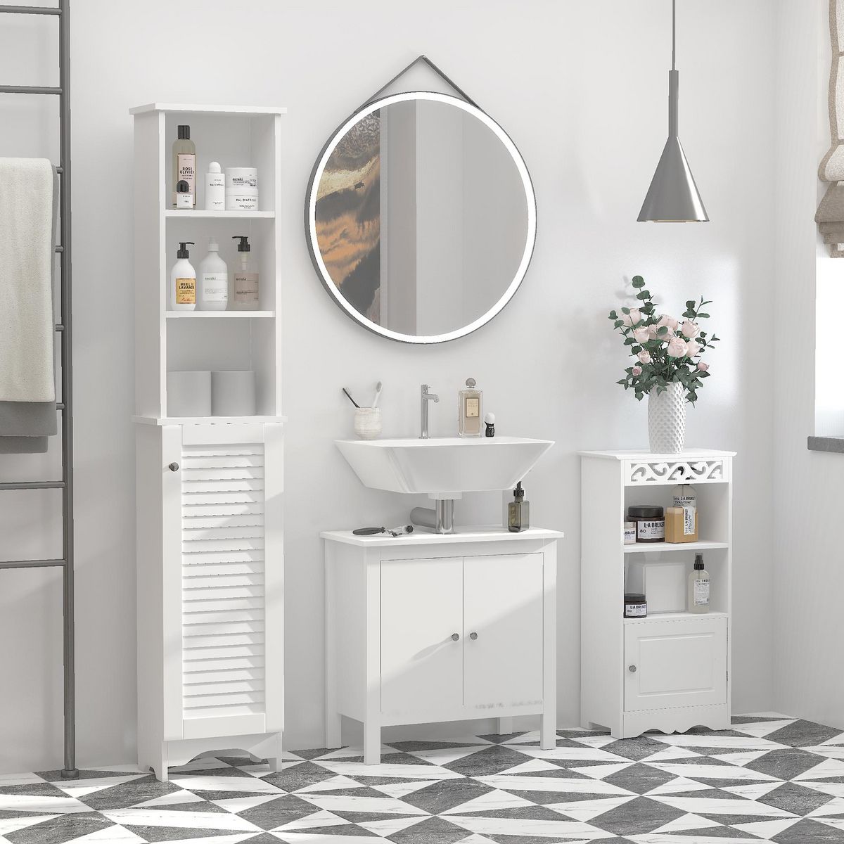 HOMCOM Meuble colonne salle de bain 3 niches placard porte persienne 3 étagères MDF panneaux de particules blanc