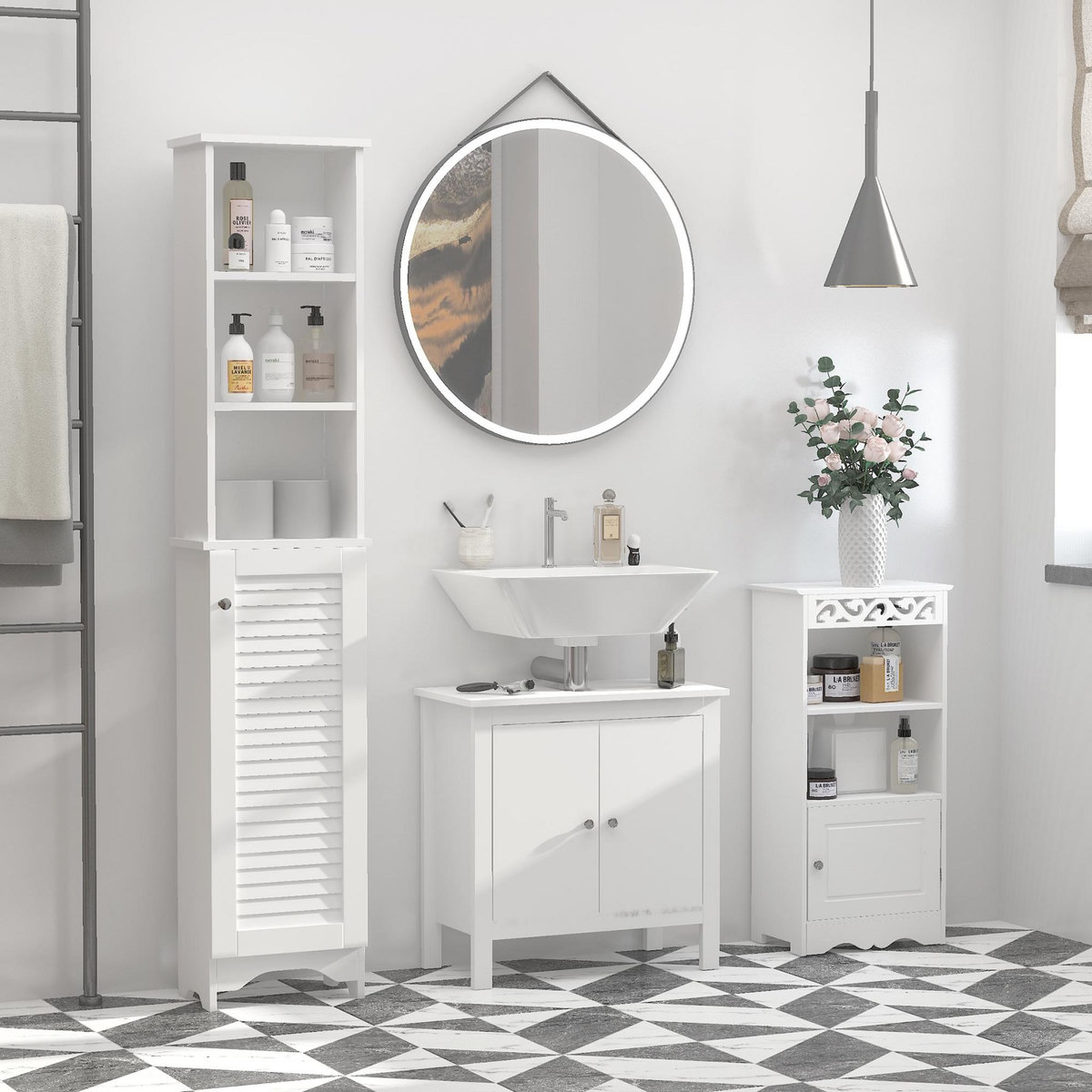 HOMCOM Meuble colonne salle de bain 3 niches placard porte persienne 3 étagères MDF panneaux de particules blanc