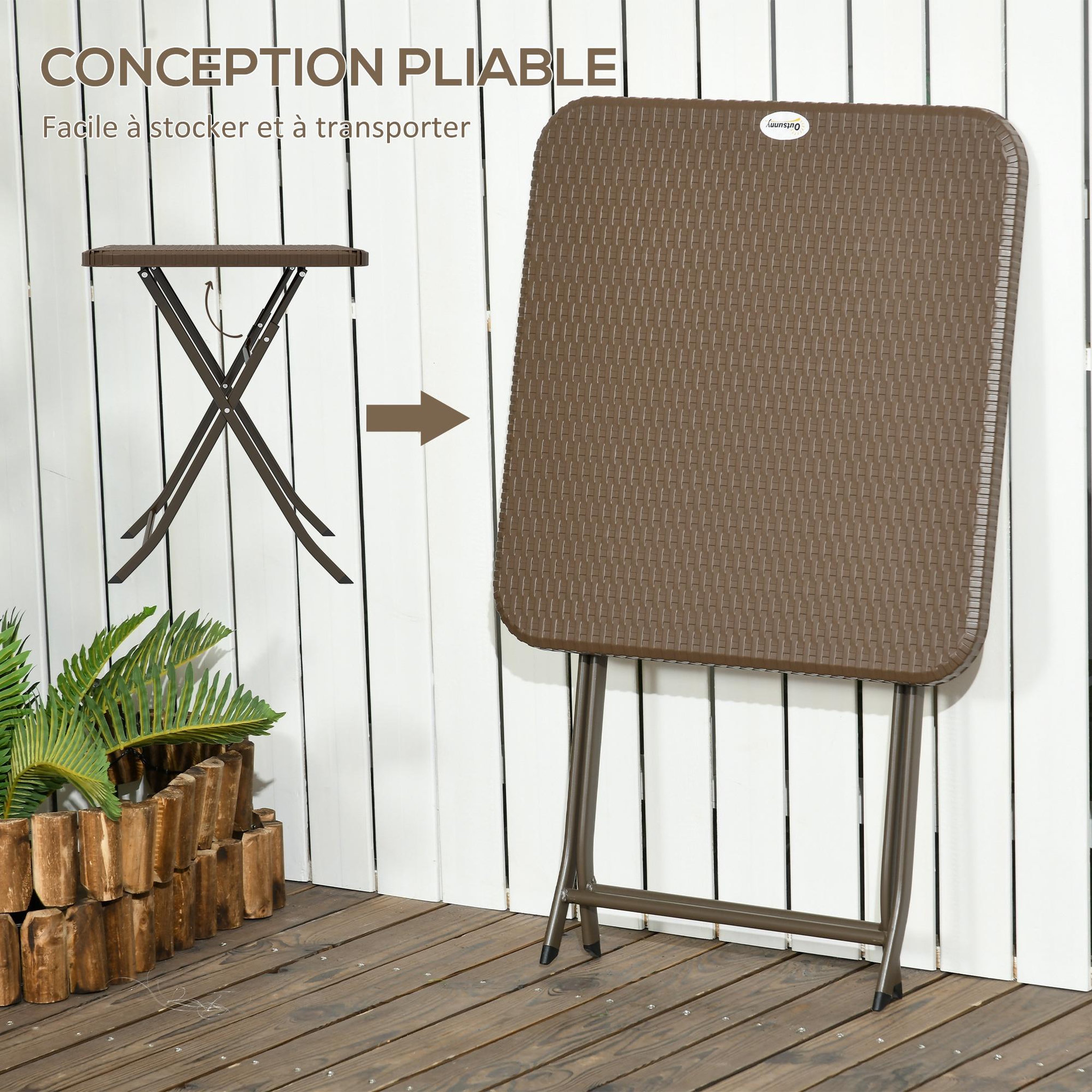 Voir la diapositive 4 : OUTSUNNY Table de jardin pliante table de camping pliable dim. 60L x 60l x 71H cm acier époxy HDPE aspect rotin tressé marron