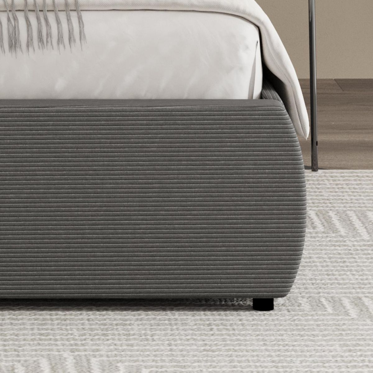 CONCEPT USINE Lit coffre 140x190cm design arrondi velours côtelé gris PLANO