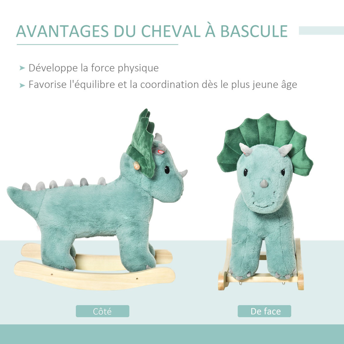 HOMCOM Jouet à bascule dinosaure effet sonore rugissement bois peuplier peluche courte polyester vert d'eau