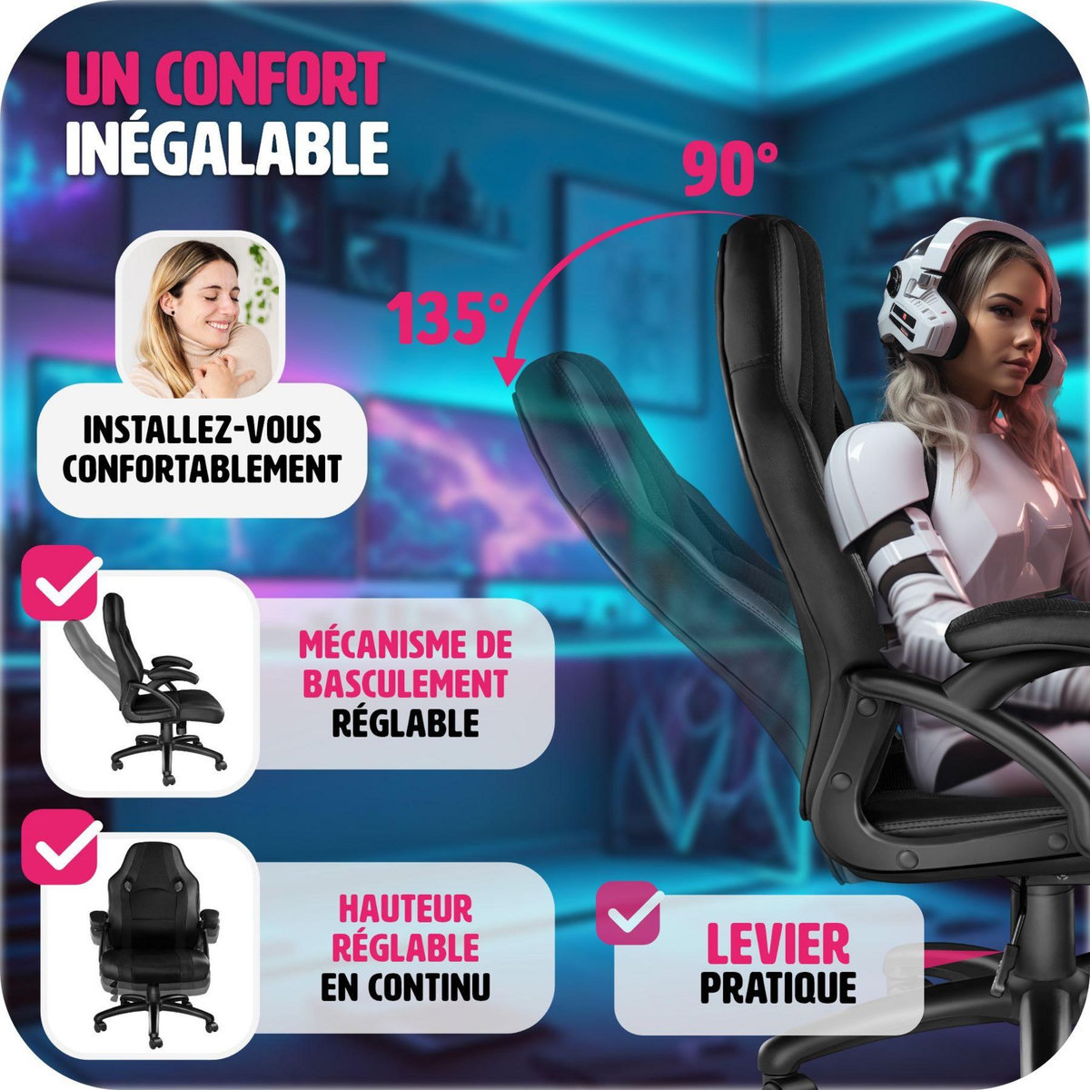 tectake Chaise de bureau à forme ergonomique noir