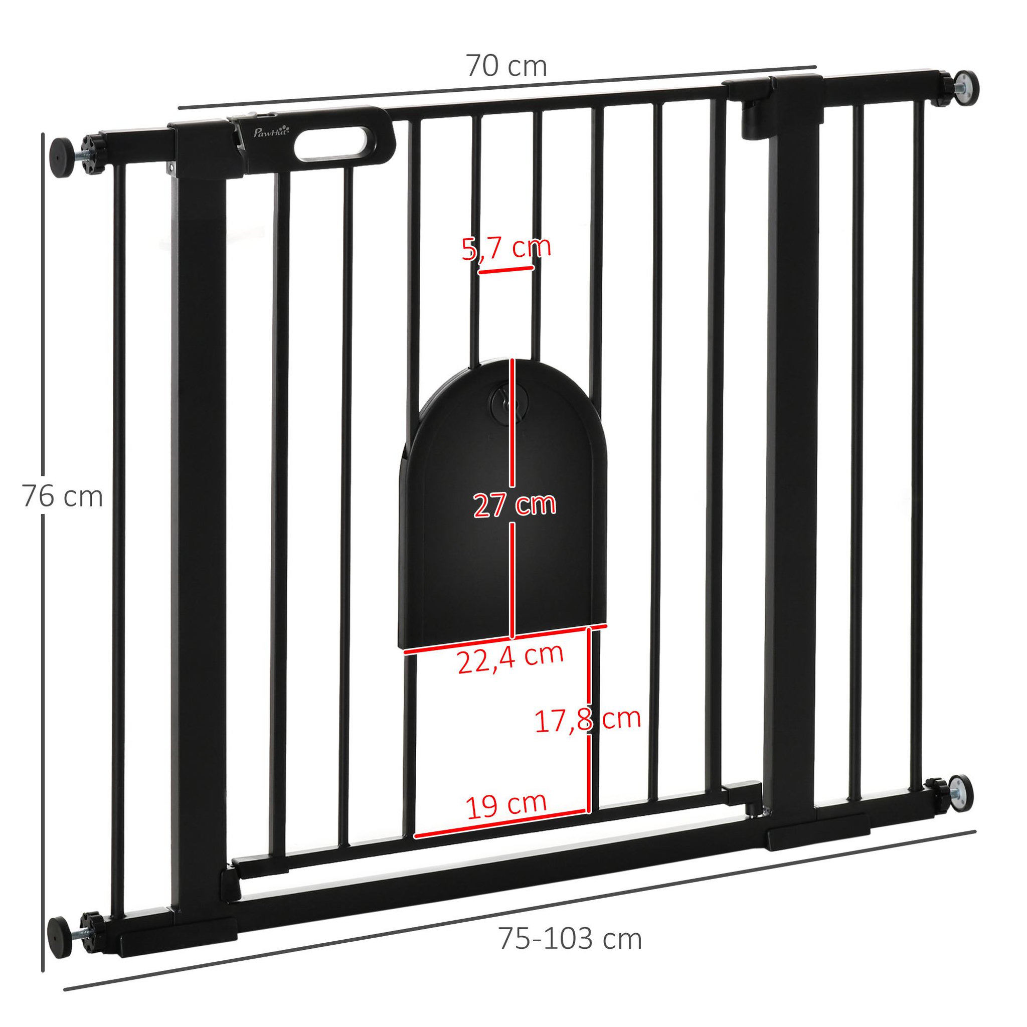 Voir la diapositive 3 : PAWHUT Barrière de sécurité chien h.76 cm - porte verrouillable - fixation par pression 75-103 cm - acier abs noir