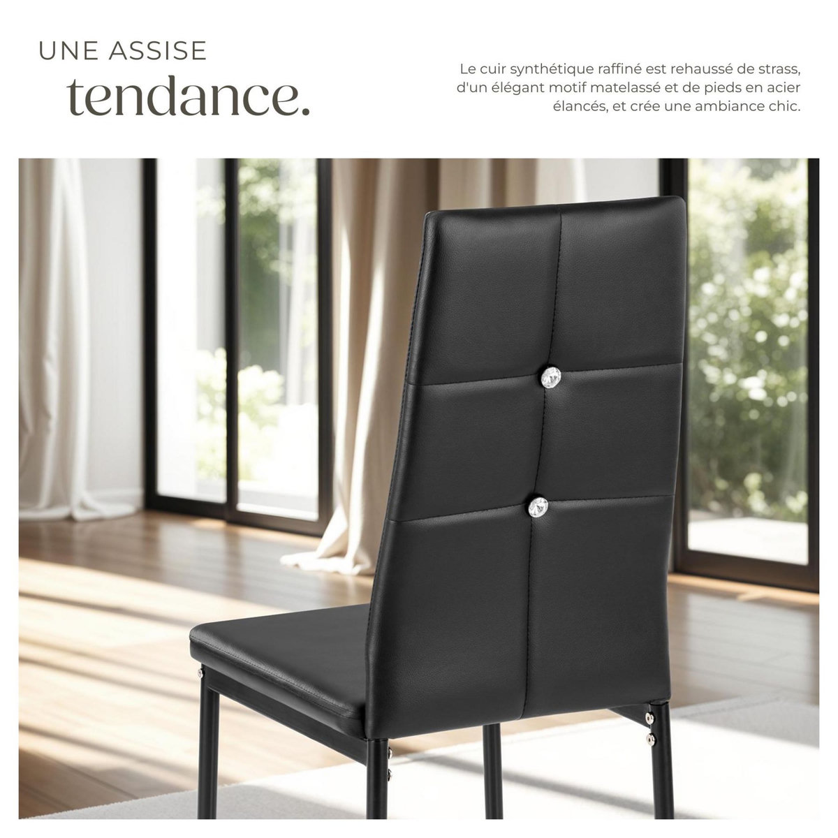 tectake Ensemble de chaises de salle à manger rembourré avec revêtement aspect cuir noir Lot de 4