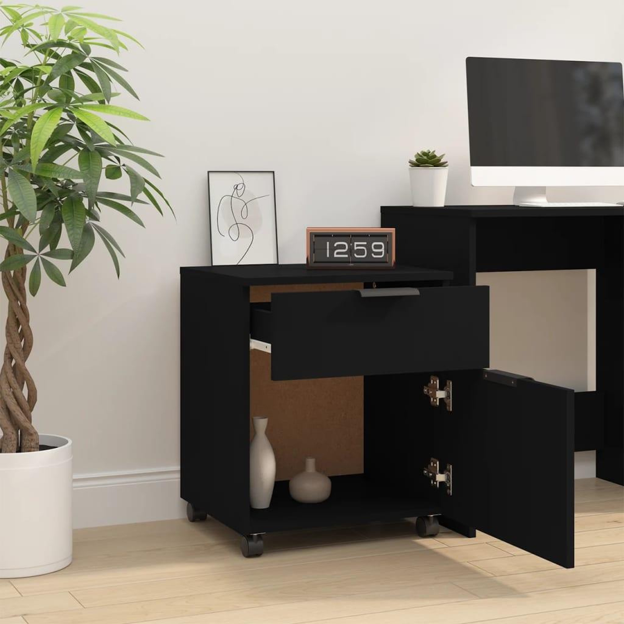 Voir la diapositive 3 : VIDAXL Classeur mobile avec roues noir 45x38x54 cm bois d'ingenierie