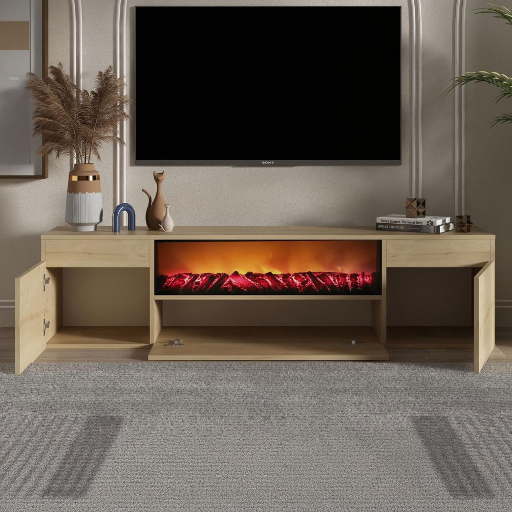Voir la diapositive 4 : CONCEPT USINE Meuble tv avec cheminée led 180cm aspect bois pyro