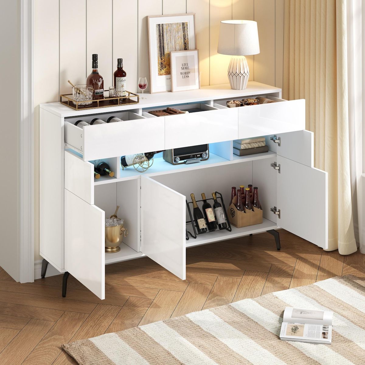MERAX Buffet 5 porte(s) 3 tiroir(s) - 140 cm blanc led mdf