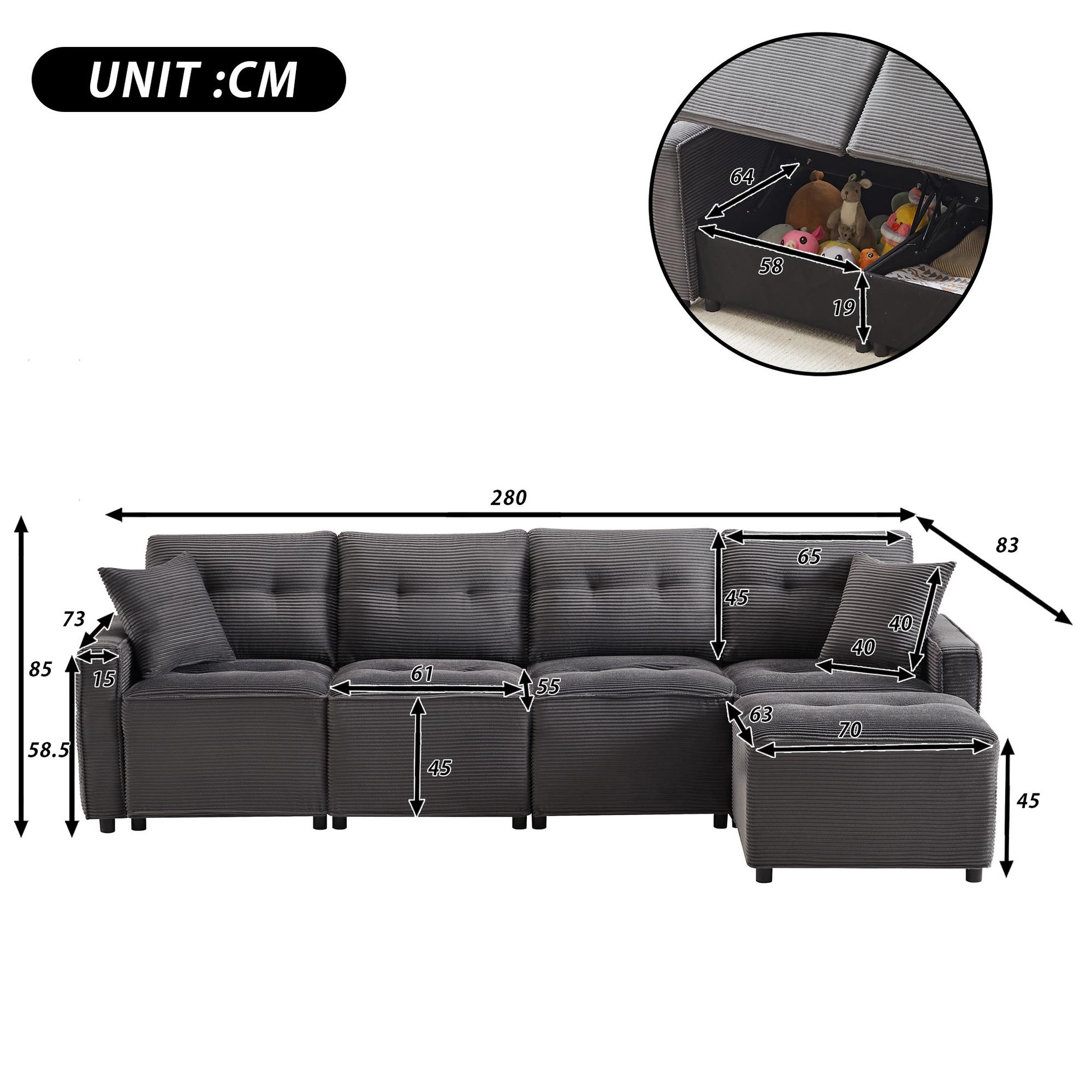 Voir la diapositive 3 : MERAX Canapé d'angle réversible fixe 4 places tissu coffre de rangement
