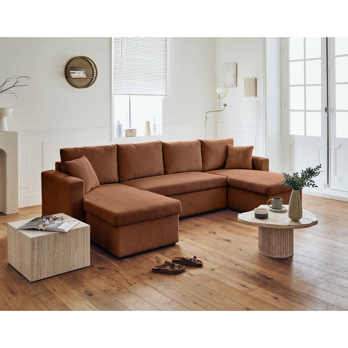 BEST MOBILIER Cyrus - canapé panoramique en u - 7 places - convertible avec coffre - en velours côtelé