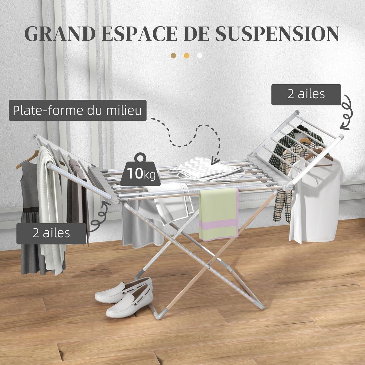 HOMCOM Etendoir séchoir linge pliable 2 ailes latérales extensibles alliage aluminium
