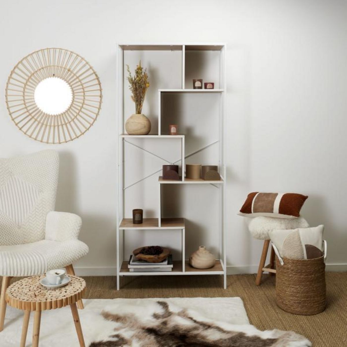 Paris Prix Étagère Design  Edison 180cm Naturel & Blanc