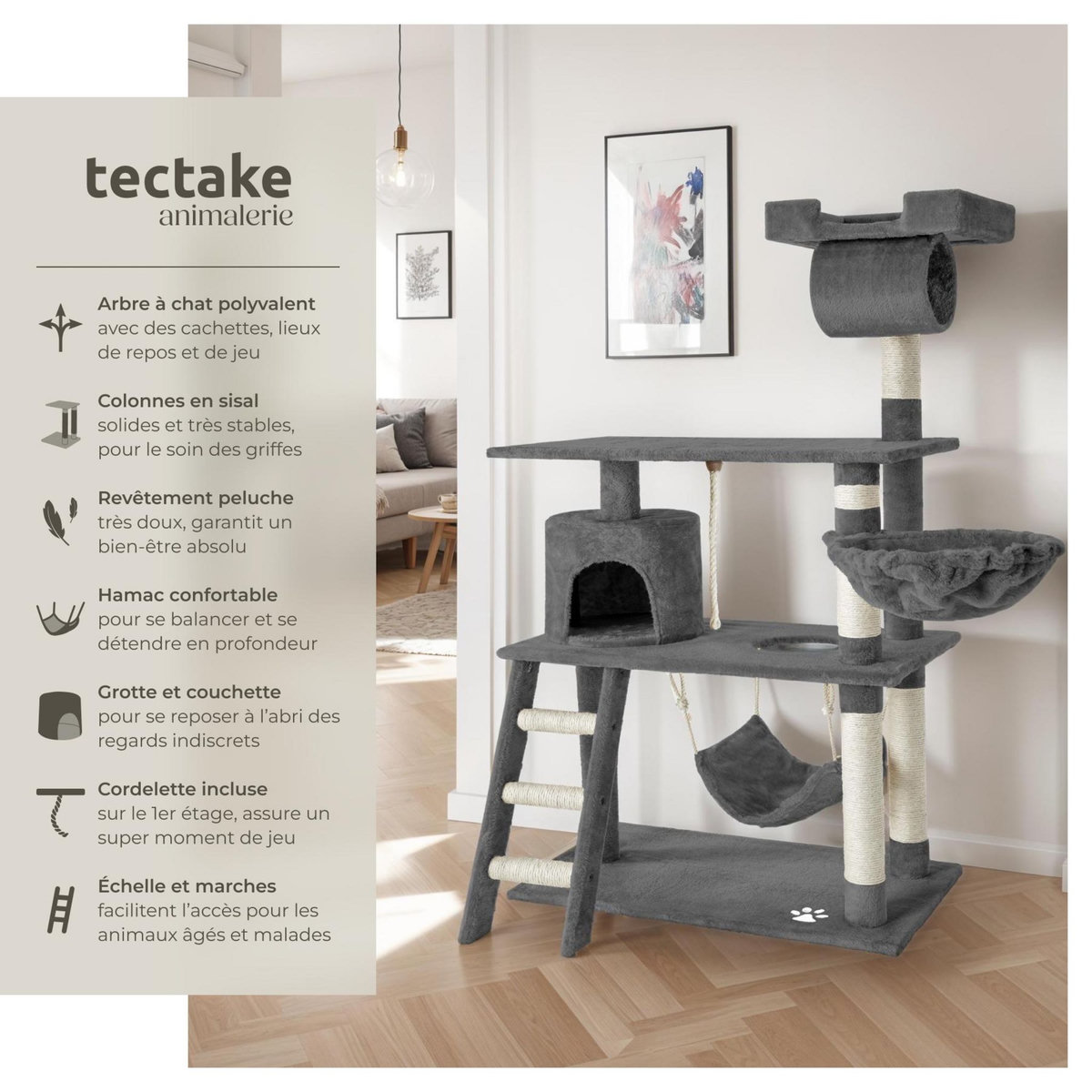 tectake Arbre à chat 141 cm avec griffoir et plateforme d'escalade gris